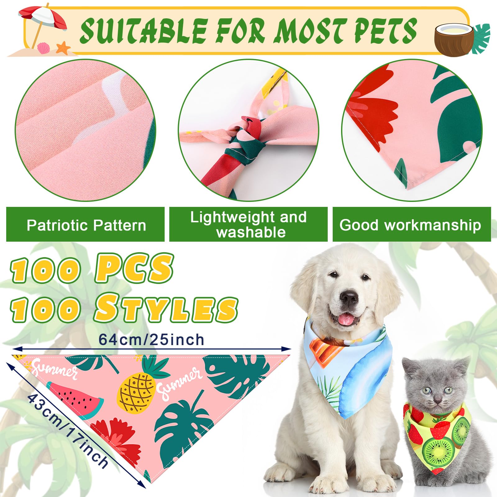 Huhumy 100 bandanas de verano para perros, coloridas bandanas de verano para mascotas, bandanas triangulares a granel para perros medianos y grandes, cumpleaños, vacaciones, playa, aseo personal