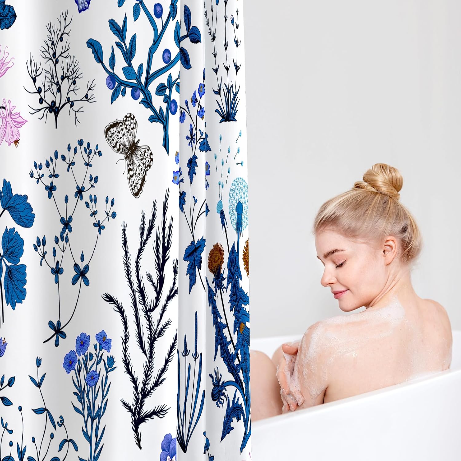 Extra Long Shower Curtain 72 x 96 Inch, Floor to Ceiling X-Long Tall Navy Blue Floral Fabric Shower Curtain, 8 Foot Cute Botanical Herbs Flower Butterfly Aesthetic Bathroom Shower Curtain