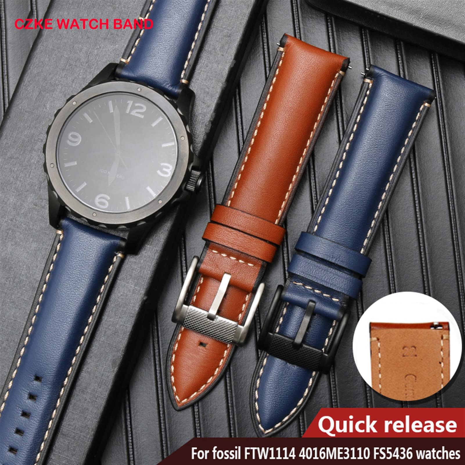 Bracelet de montre en cuir véritable à dégagement rapide pour Fossil FTW1114 4016ME3110 FS5436 24 20 22 mm pour Huawei Pro 2 Gear S2 S3, 22mm, Agate