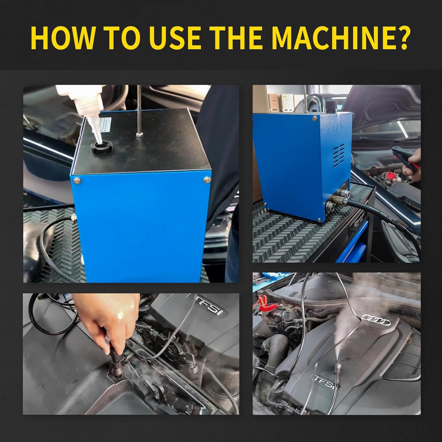 A four-panel image showing the steps of using the Kuntech KT9122: filling oil, connecting to battery, inserting smoke hose, and observing smoke for leaks.