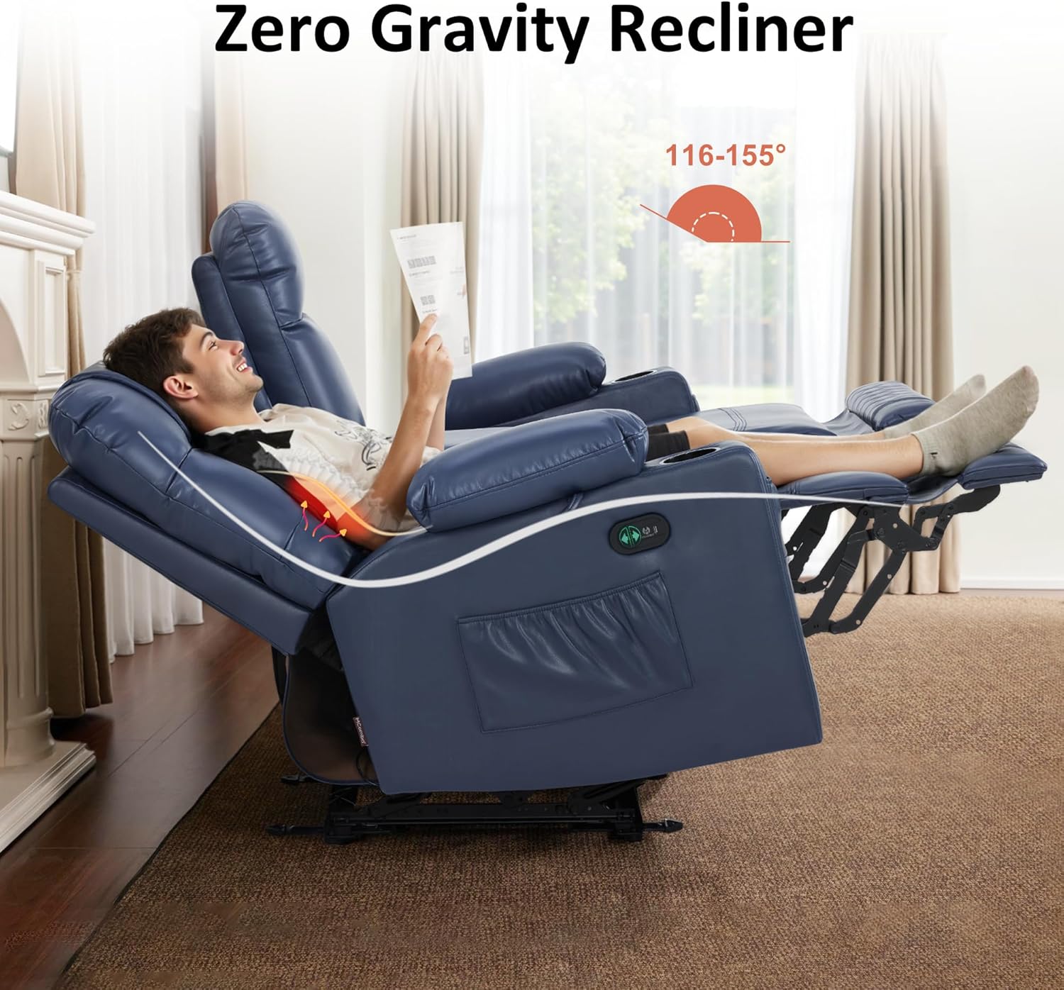 MCombo Zero Gravity Power Loveseat Recliner with Console, Heat and Vibration Massage, Reclining Loveseat Sofa with USB Ports, Cup Holders for Living Room, Faux Leather PR622Sets (Navy Blue)