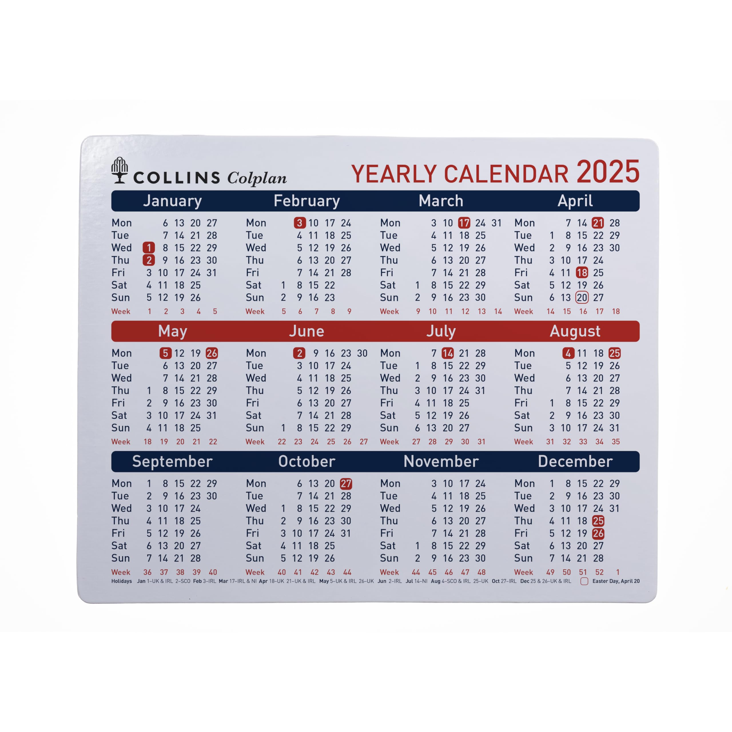 Collins Colplan 2025 - A4 Yearly Desktop Calendar (CDS1-25) - Full Year View for Wall or Desk