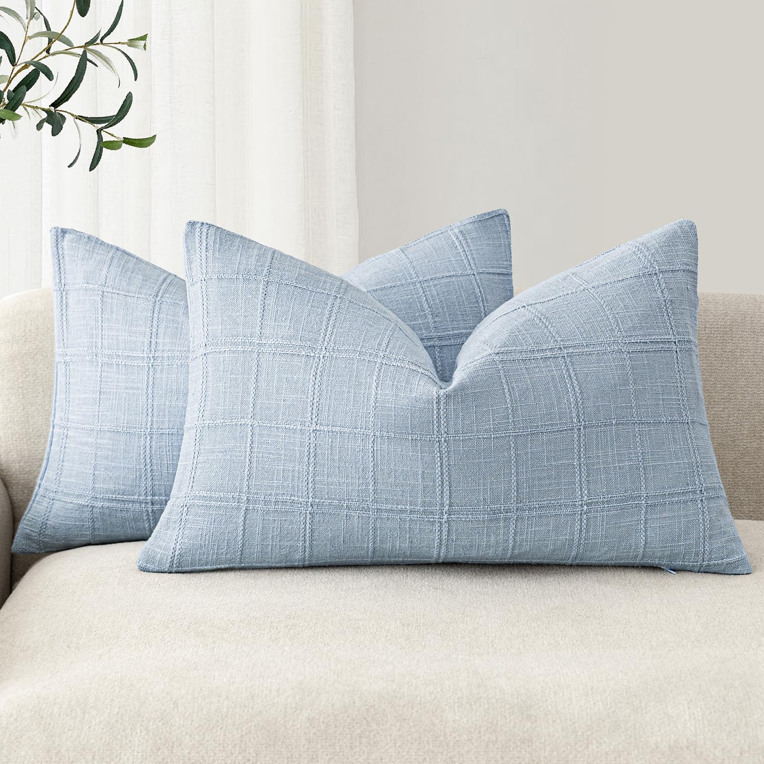 Foindtower Textured Linen Check Lumbar Throw Pillow Covers 12×20 Sky Blue