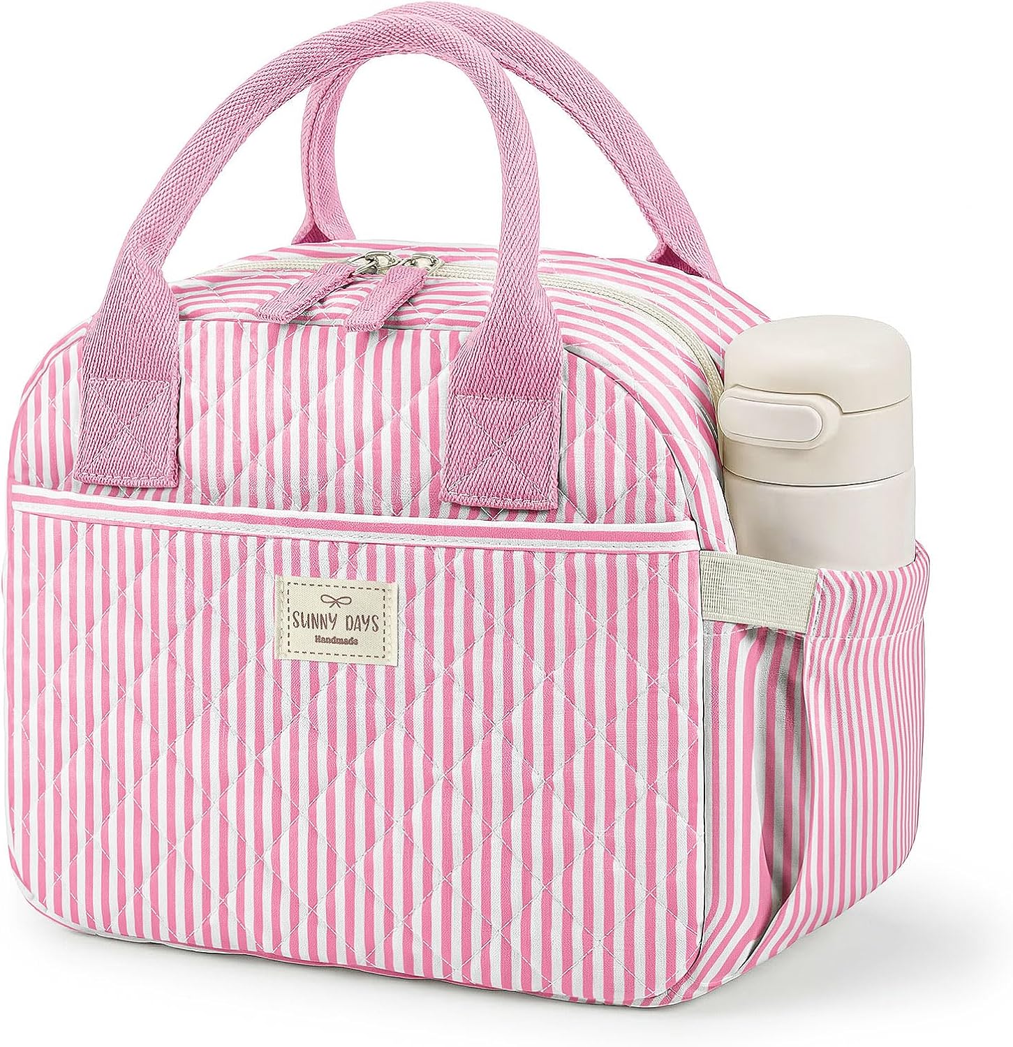 WOBAGMEN Quilted Lunch Box for Adult Women,Cute Floral Insulated Lunch Tote with Front Zipper Pocket, Aesthetic Coquette Style Reusable Lunch Box Bag for Work Gym Travel Picnic (pink hua pin, M)