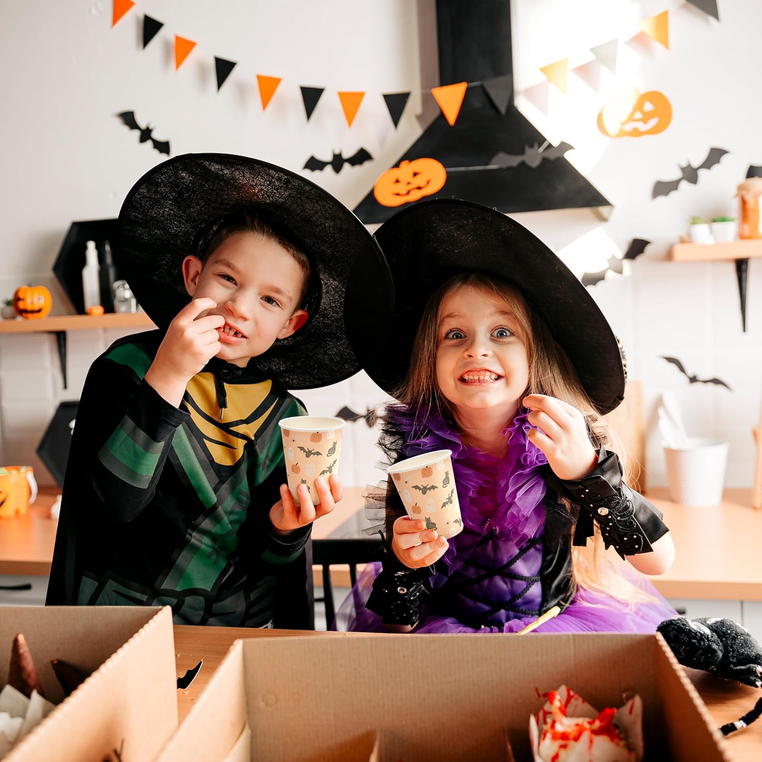 Cheerland Summerween Party Cups Pumpkin Disposable Paper Cups for Cute Spooky Ghost Birthday Party Cup Pink Halloween with Pastel Bat Cat Print Birthday Summerween Supplies Pack of 50 image 4