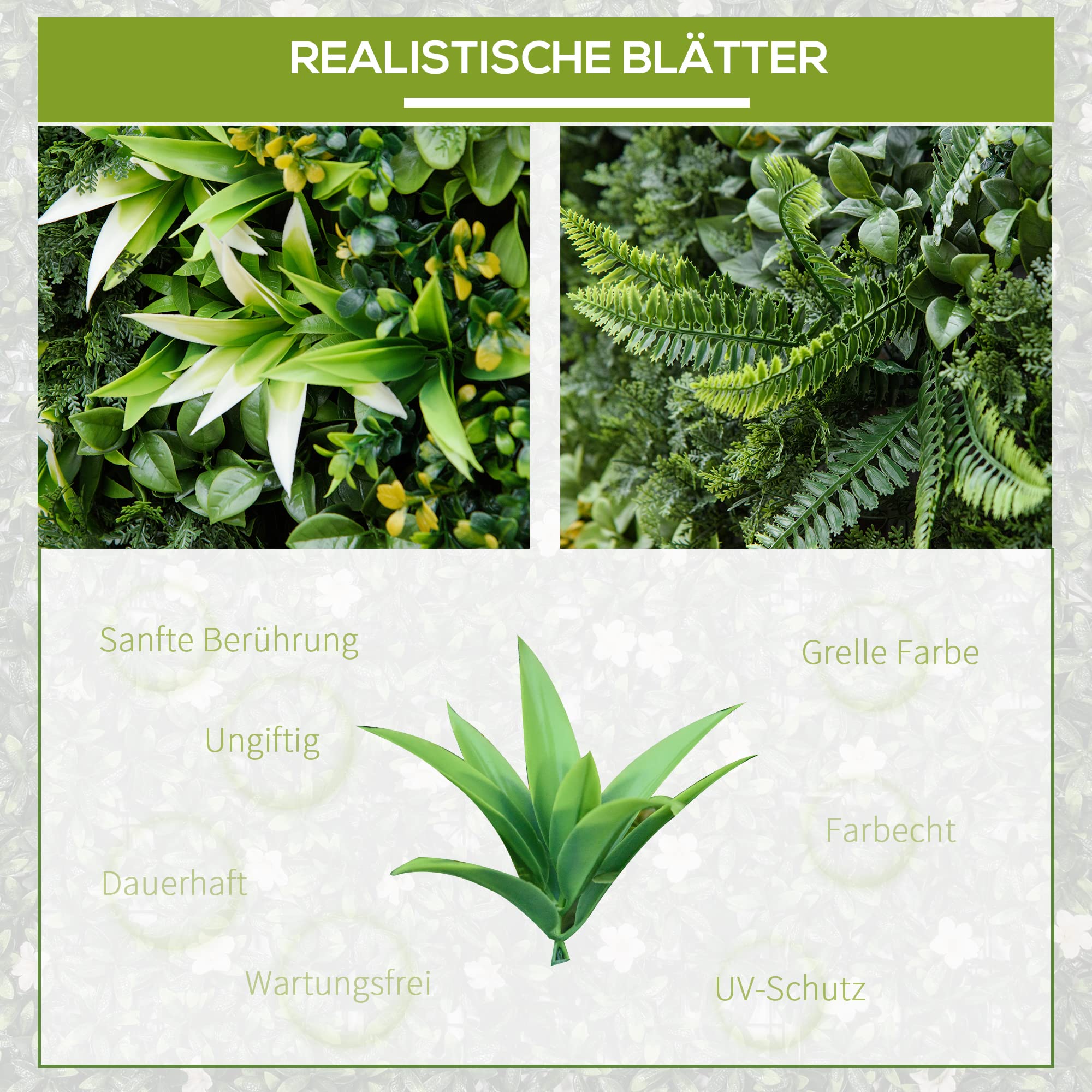 Outsunny künstliches Pflanzenwand Balkon Deko UV-Schutz 12 Stück 50x50 cm | UV-Schutz Sichtschutz Mehrblättriges Design Heckenpflanze für Garten Outdoor Dekor