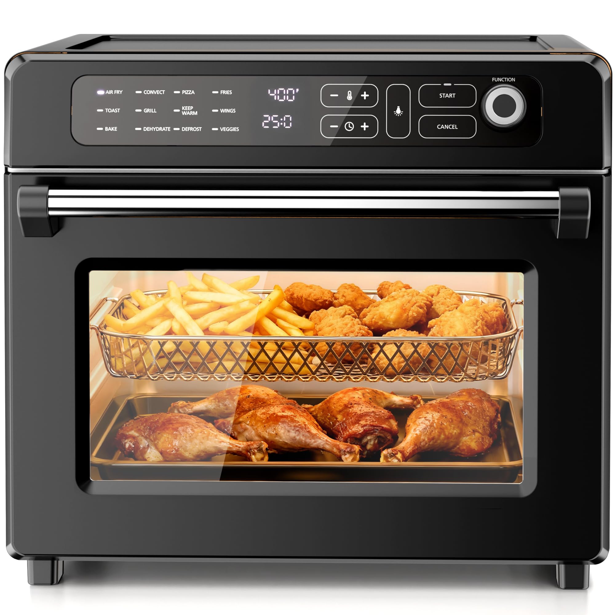 Air fryer basket with fries on top rack and chicken wings on a baking pan on the bottom rack, demonstrating dual-layer cooking.
