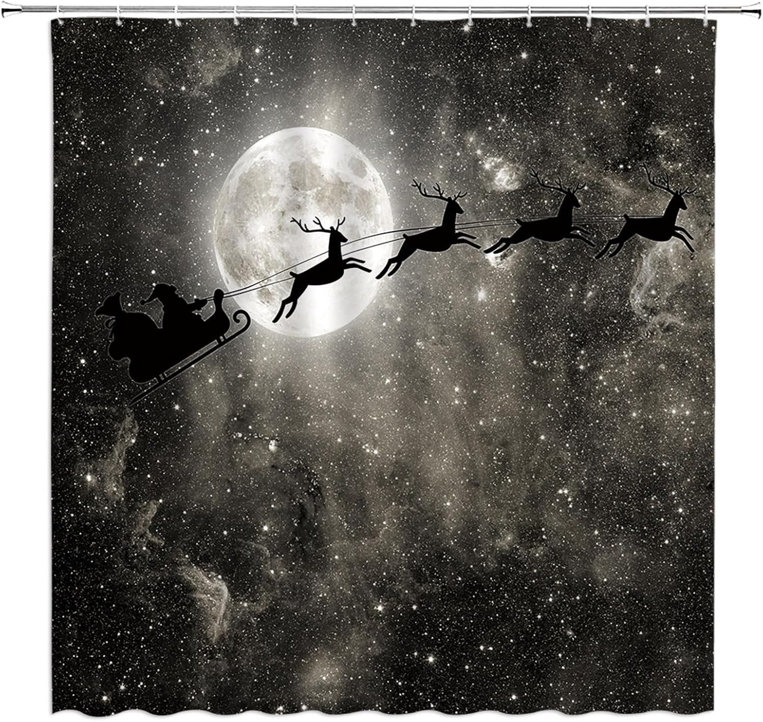 Merry Christmas Shower Curtain Santa Claus Reindeer Sleigh Starry Sky Moon Night Galaxy Xmas Winter Holiday Happy New Year Bathroom Curtain Set with Hooks(108" Wx70 H)