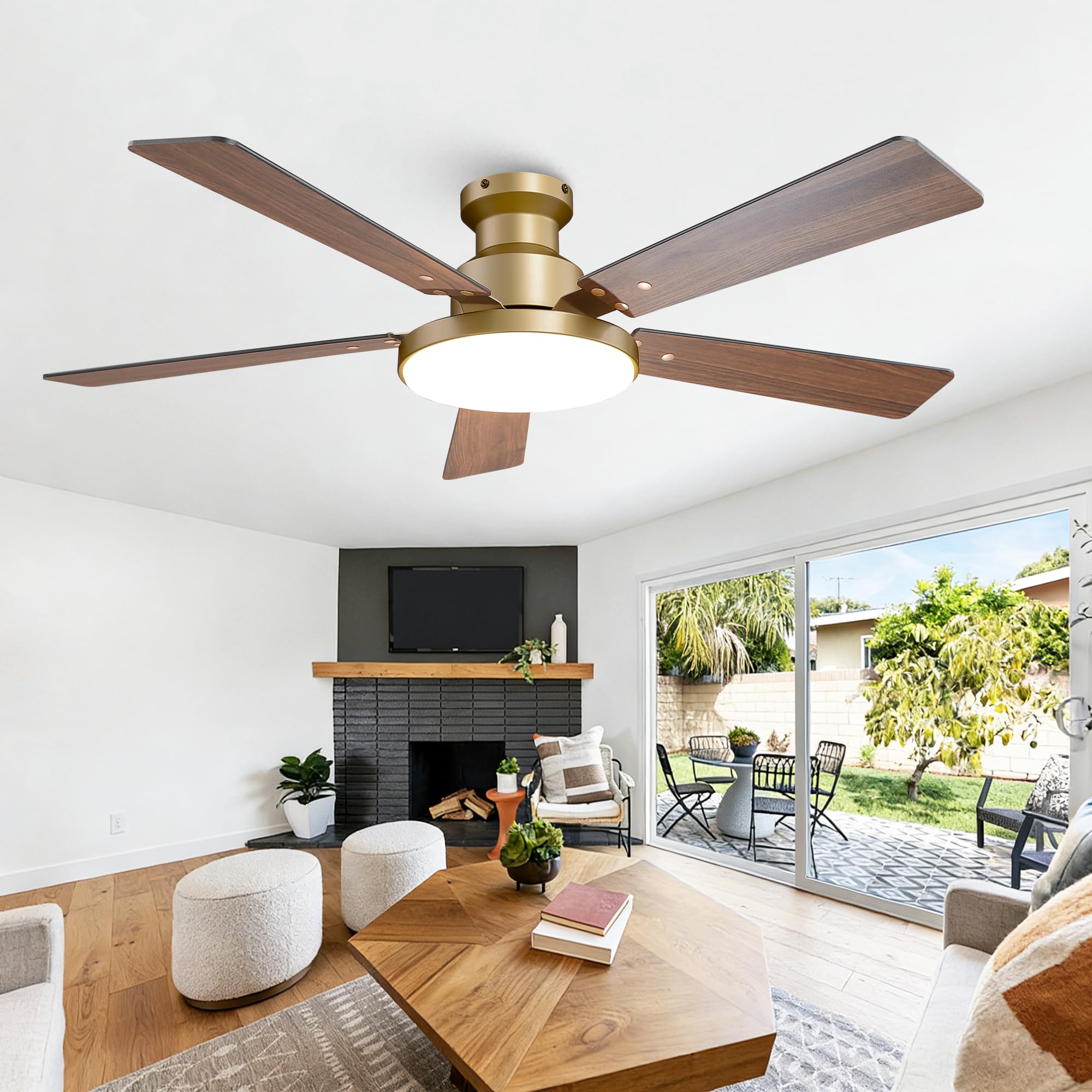 CalorHoga 52 Inch Low Profile Gold Ceiling Fans with Lights and Remote/App,