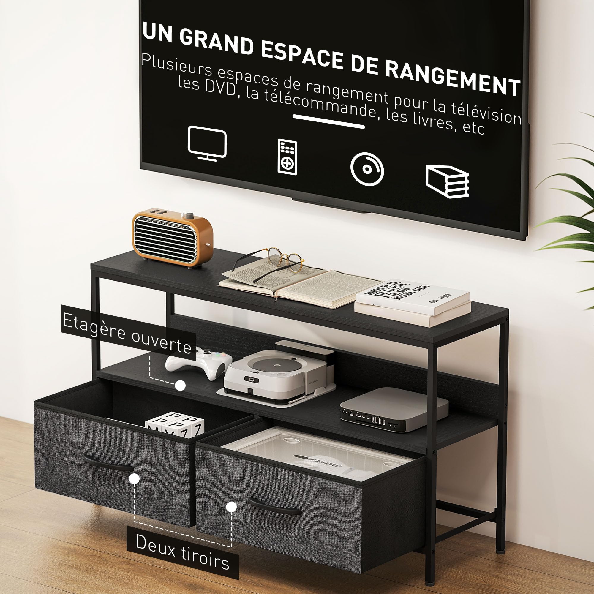 HOMCOM Meuble TV 98 cm pour Téléviseur 47 Pouces Gris Foncé
