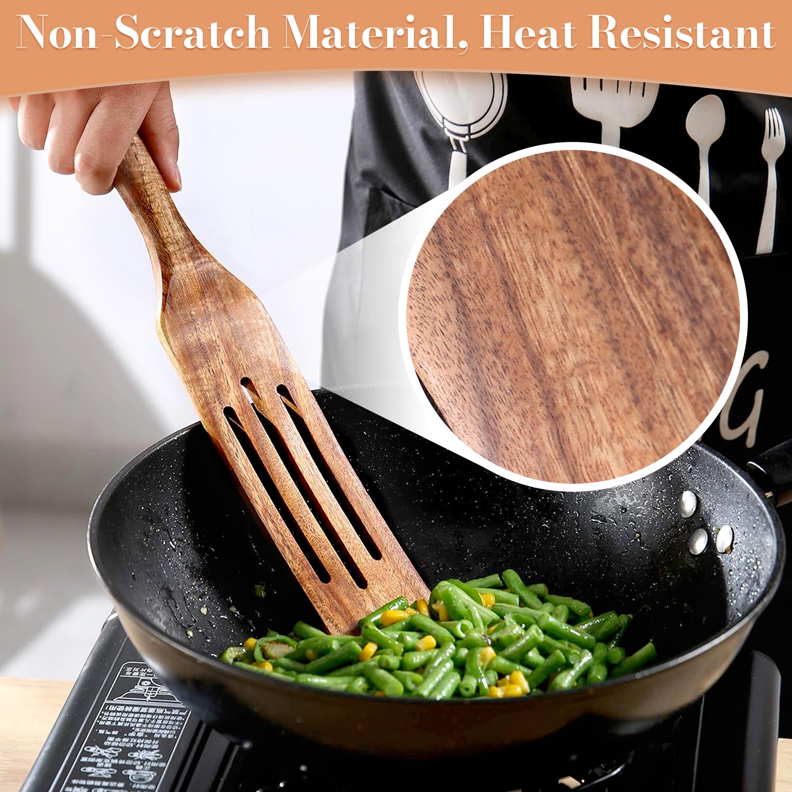 Juego de 5 piezas de madera de teca natural, juego de utensilios de cocina resistentes al calor, antiadherentes, cucharas de madera para cocinar, agitar, mezclar, servir, herramientas de cocina como