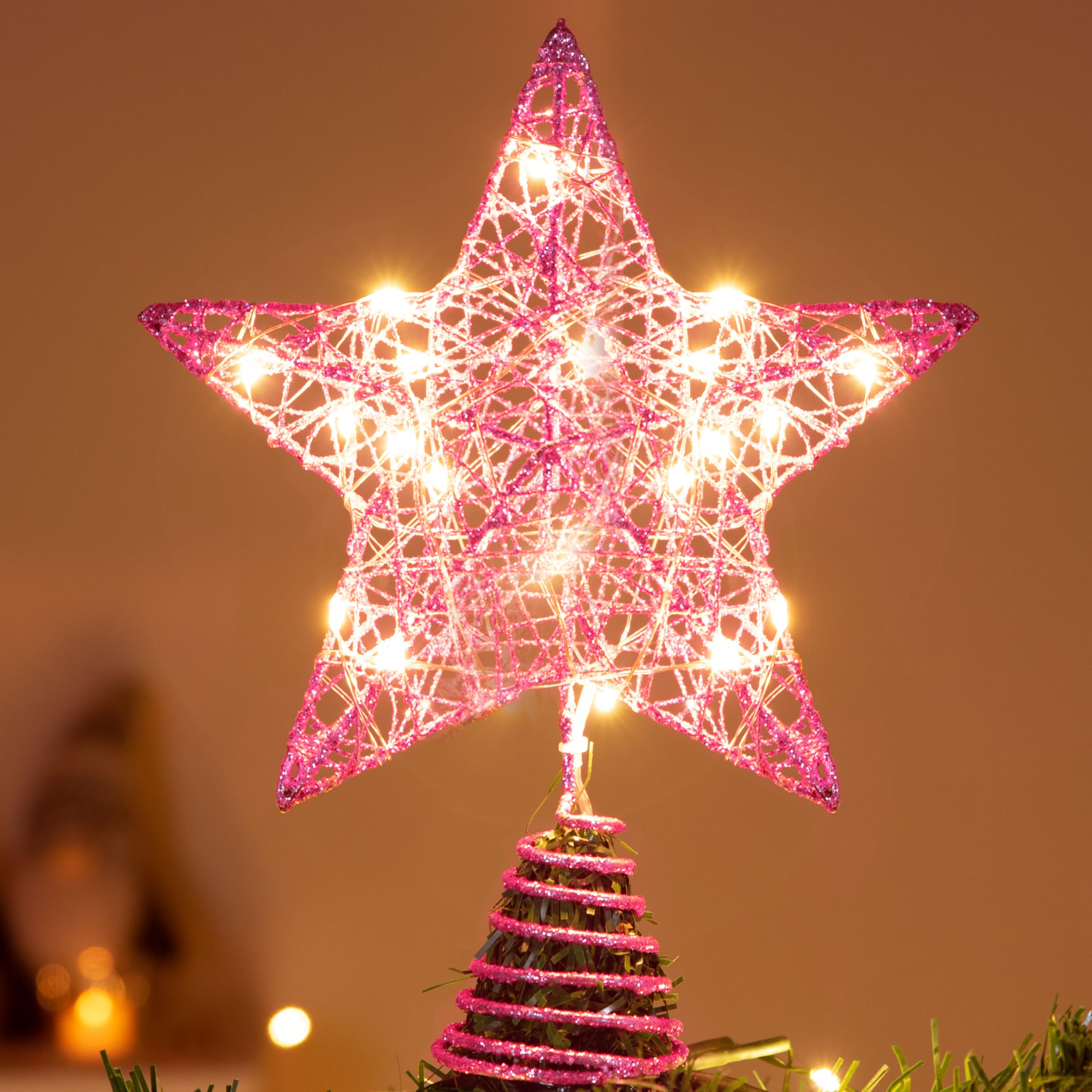 Joiedomi Pink Christmas Tree Toppers, Battery Powered Glitter Star Tree Topper Lighted With 20 Led Warm White Lights For Xmas Tree Decorations, Holiday Party Indoor Decor