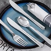 Vista 7 de 400PCS Pre Rolled Silver Plastic Silverware Sets - Heavy Duty Silver Cutlery - Include 100 Pack Wrapped Disposable Utensils with Napkins for Parties
