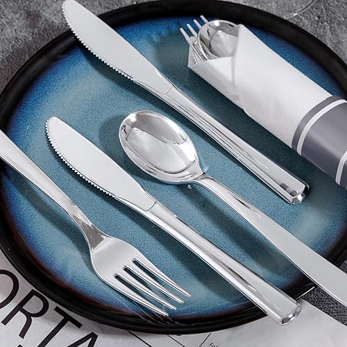 Miniatura 7 de Juego de 400 cubiertos de plástico plateado preenrollado, cubiertos plateados resistentes, incluye 100 utensilios desechables envueltos con