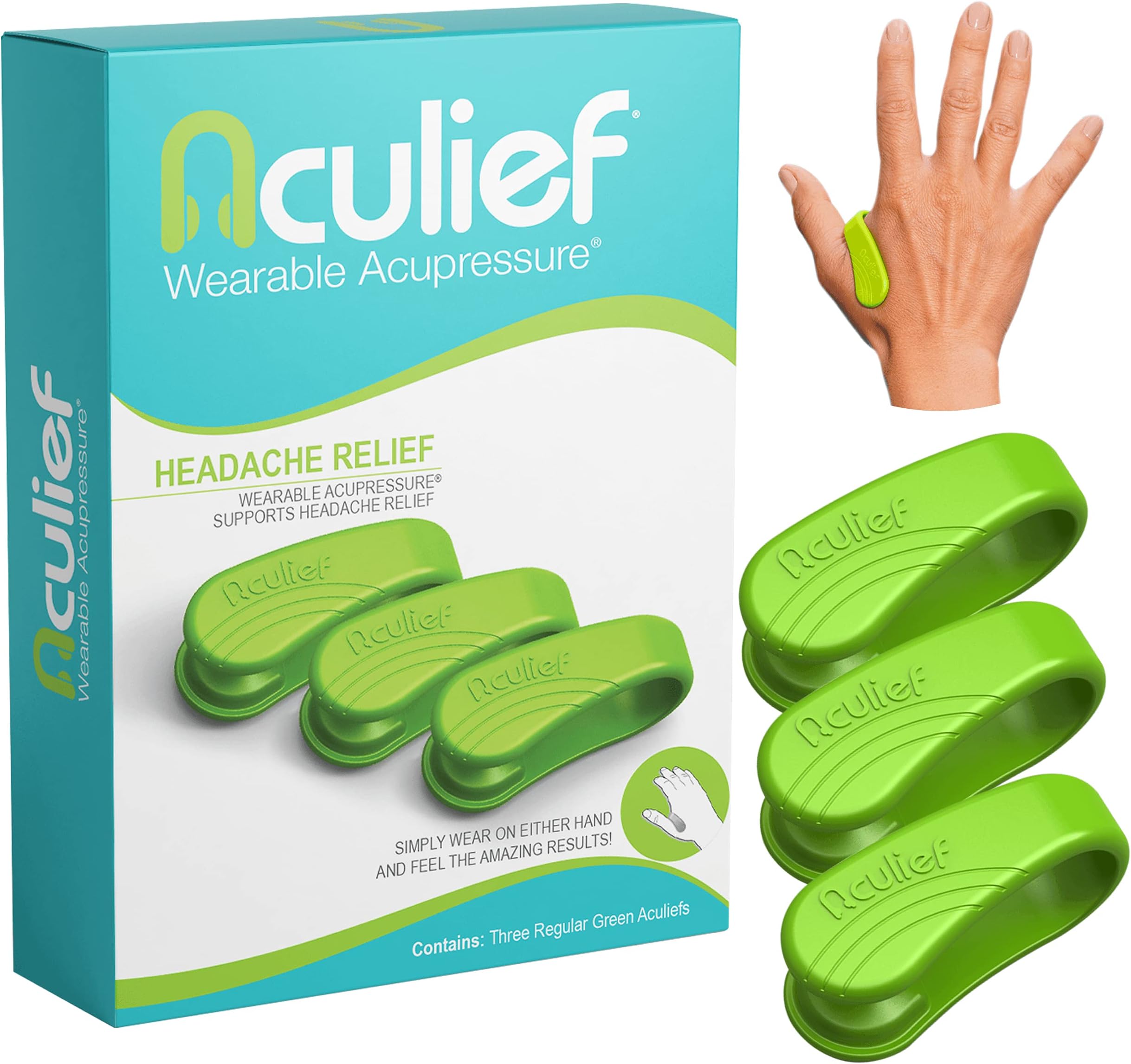 Aculief Hand Acupressure Magnet Clip - Stress & Tension Management Pressure Point Tool - Wearable On-the-Go Hand Pressure Point Clip - Targeted LI4 Acupressure Spot - Regular Size, Green, Pack of 3