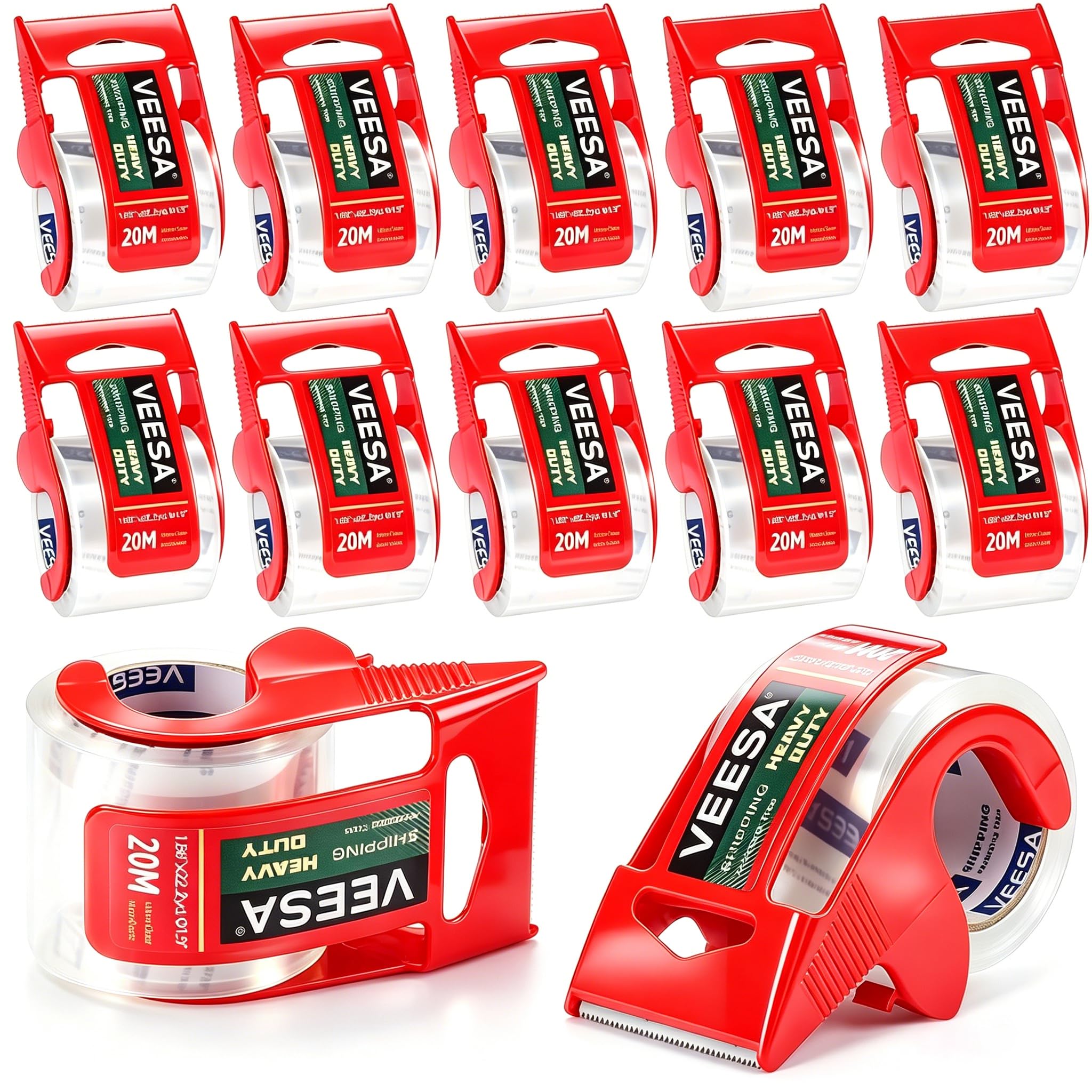 Cinta de embalaje con dispensador, adhesivo fuerte, 12 rollos de cintas de envío transparentes, cinta de embalaje resistente para envío, mudanza y almacenamiento, 1.9 pulgadas x 22.2 yardas, núcleo de