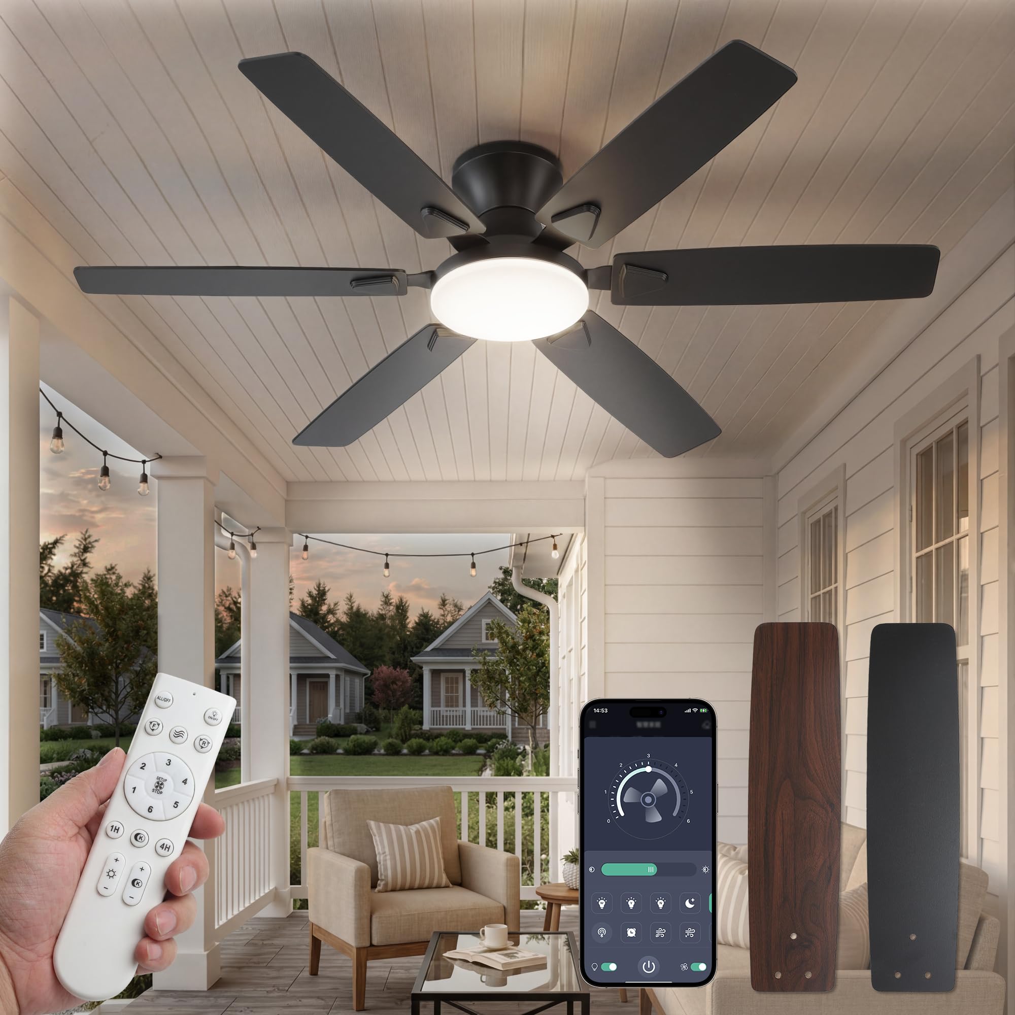 Photo 1 of Fanbulous Ceiling Fans with Lights, 52 Inch 6-Blade, Smart APP & Remote Control, Dimmable 5CCT LED with Smart Memory, DC Motor Quiet for Bedroom Living Room, Damp Rated for Outdoor Covered Patio