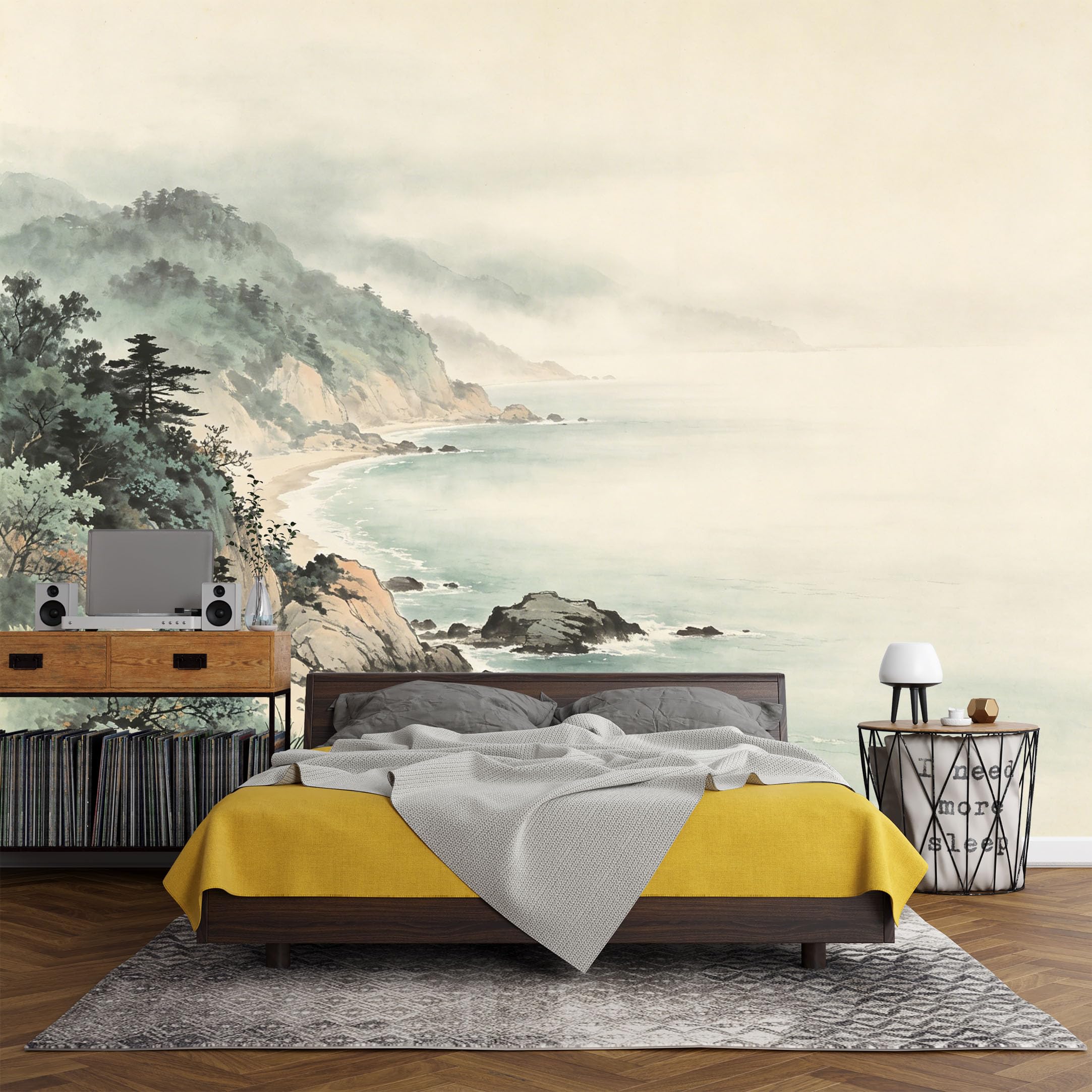 Custom Size Wall Mural Misty Coastal Landscape Watercolor Seaside Cliffs Ocean View，SelfAdhesive Art Prints wall Fabric（No PVC） Removable Wallpaper Living Room Decor