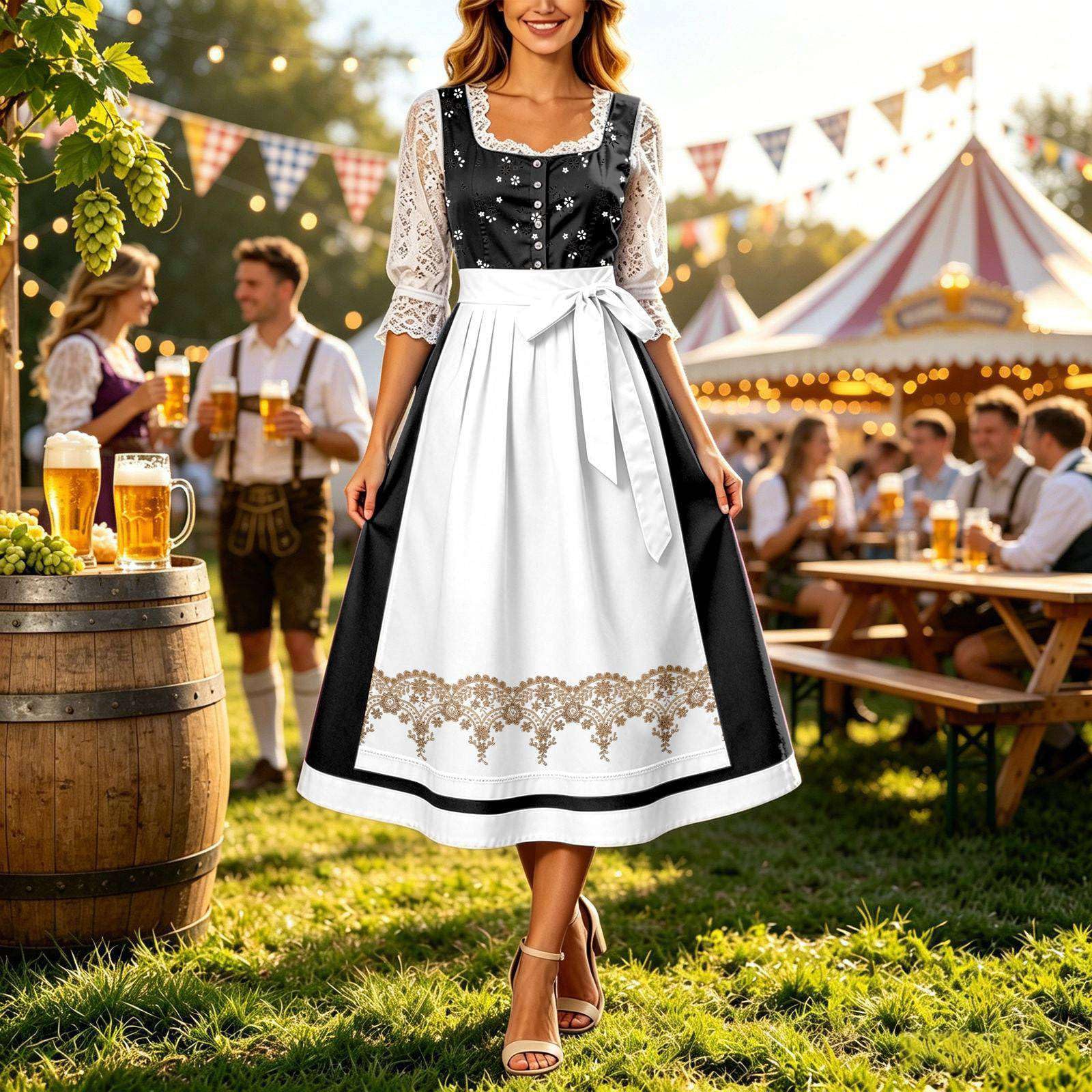 Dirndl Damen Midi Lang Dirndl Trachtenkleid Trachtenrock Oktoberfest Biergartenkleid langes Korsett mit Blumenmuster Wickeloberteil Schleife an der Spitze Midi Dirndlkleid Kleid
