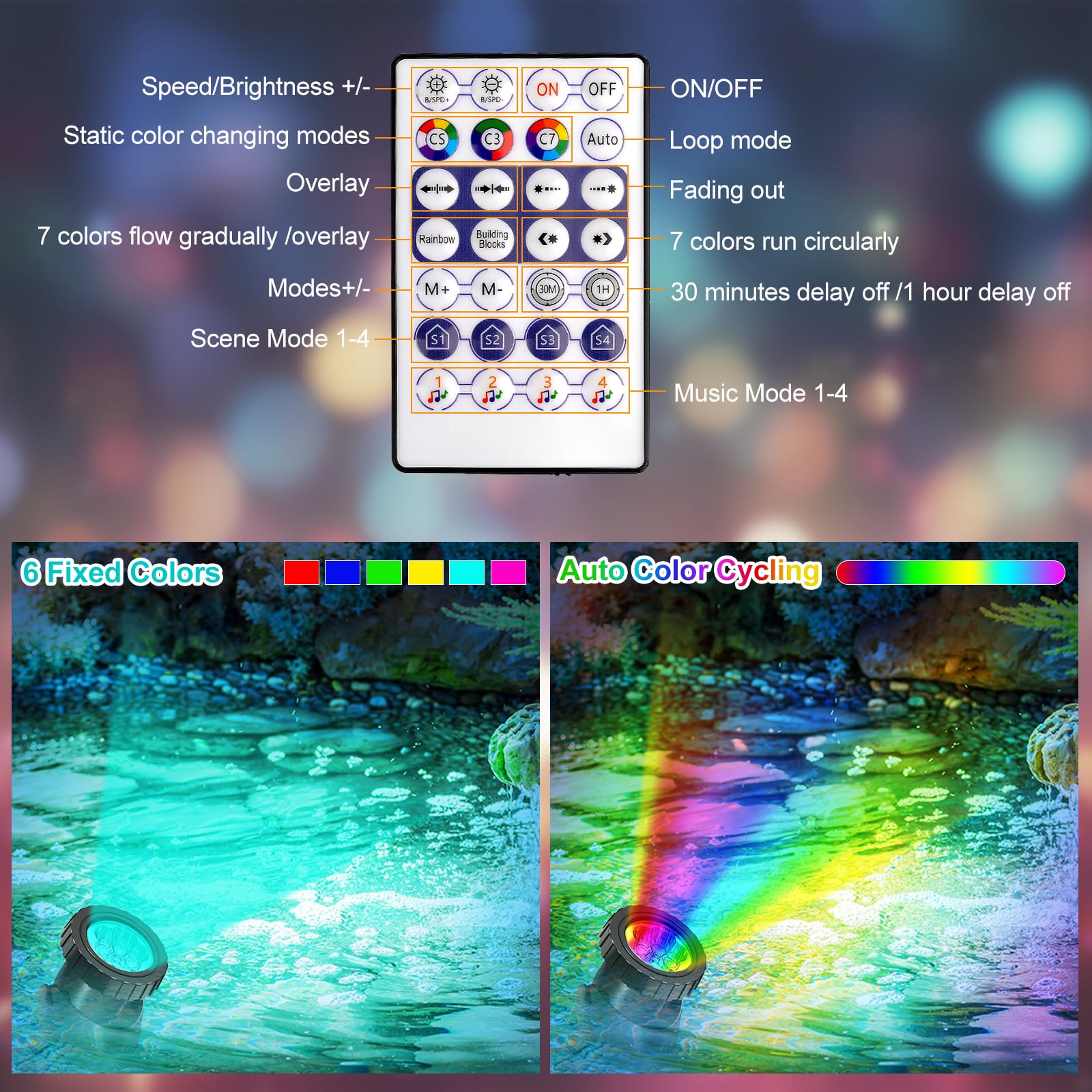 T-SUNUS Lumières LED Submersible RGB, Projecteurs Lampe Spot APP Contrôlable avec Télécommandes IP68 Étanche Lampe Piscine pour Jardin Piscine Étang 8 en 1