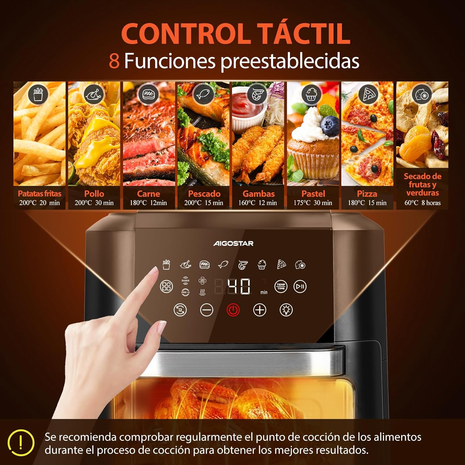 Aigostar Owen Air Fryer Oven control panel with 8 preset functions