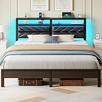 Vista 14 de Seventable Base de cama individual con estación de carga y luces LED, cabecera tapizada con estantes de almacenamiento de 2 niveles, plataforma