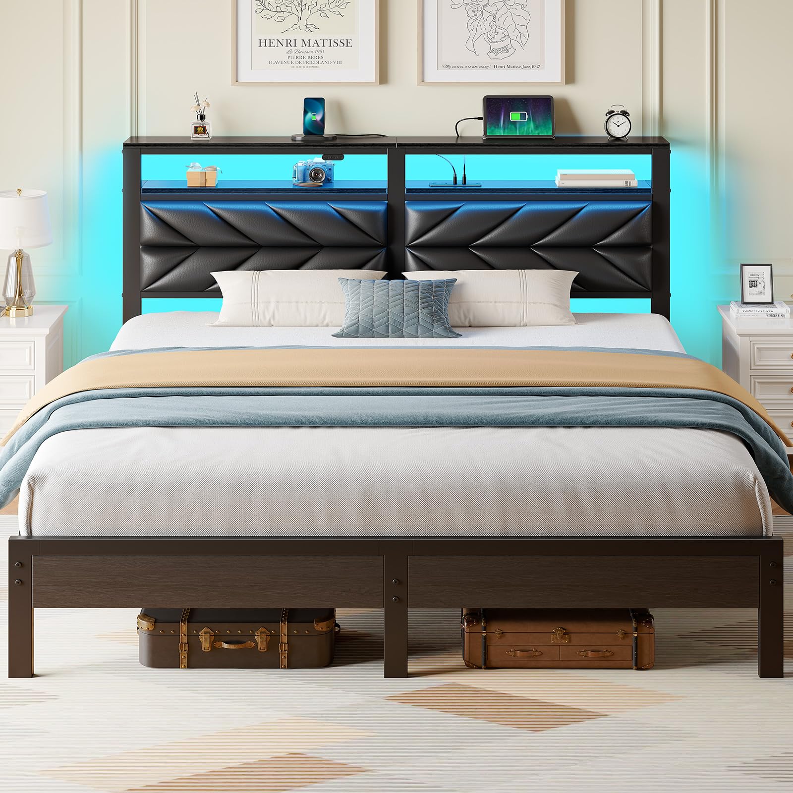 Seventable King Size Bed Frame with Charging Station LED Lights Upholstered Headboard with 2-Tier Storage Shelves Metal Platform
