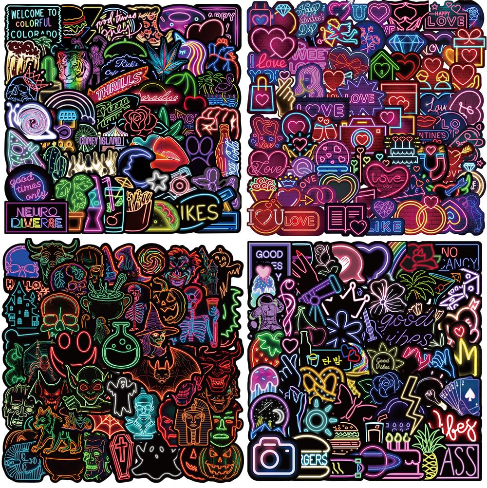 Vintage Cute Neon Stickers Pack, 200 PCS Cool Graffiti for Kids Teens Adult DIY Vinyl for Skateboard Water Bottle, Laptop