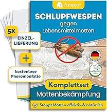 Futeco® - Schlupfwespen gegen Lebensmittelmotten - 5 Karten à 1 Lieferung + 2X Pheromonfalle - Lebensmittel Motten erfolgreich bekämpfen - Alternative zu Mottenspray, Mottenfalle