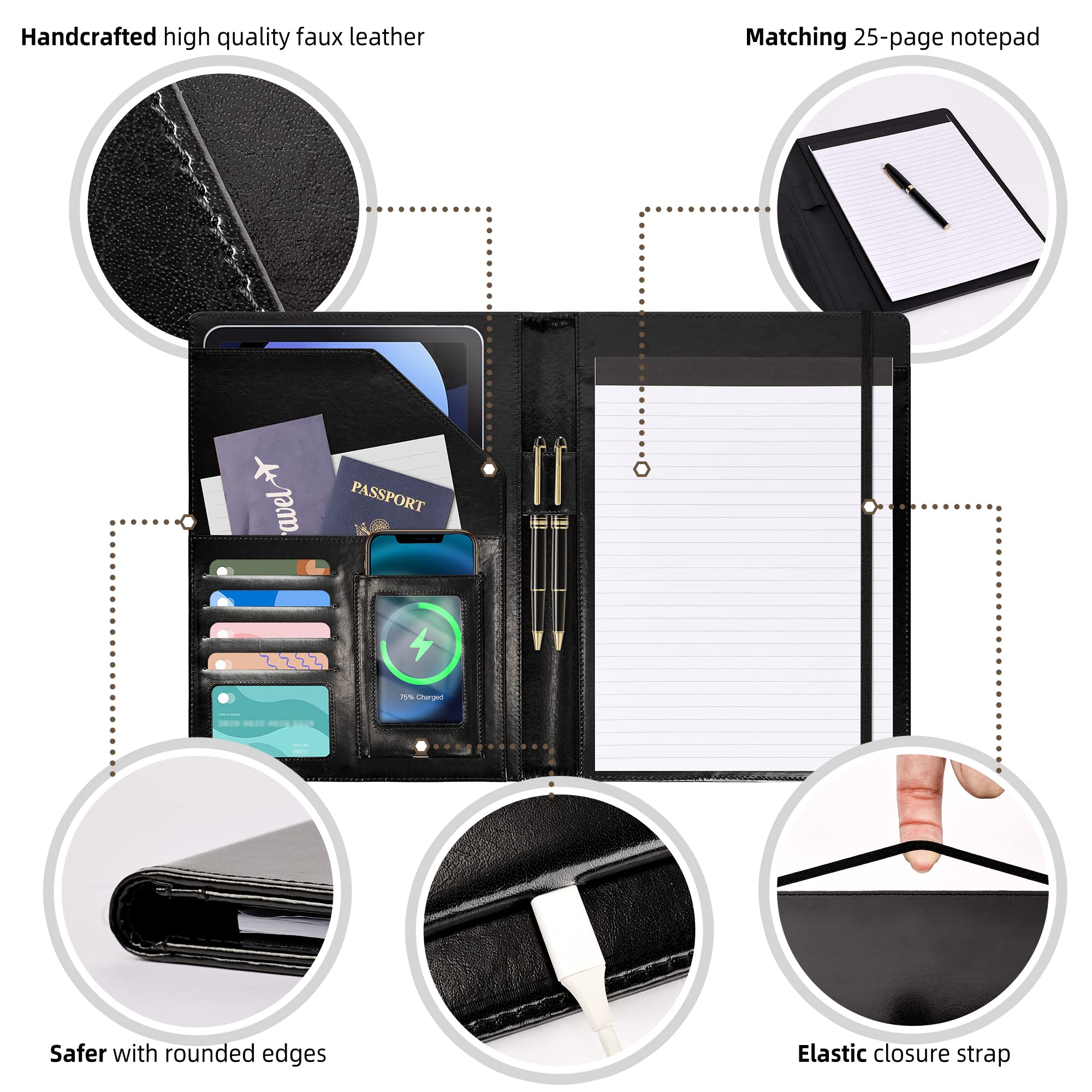 Ospelelf Leder Portfolio für Männer Klemmbrett Notizblock Business Schwarz Padfolio Flexible Portfolios