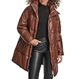 womens Faux Leather Mid-length Puffer Coat