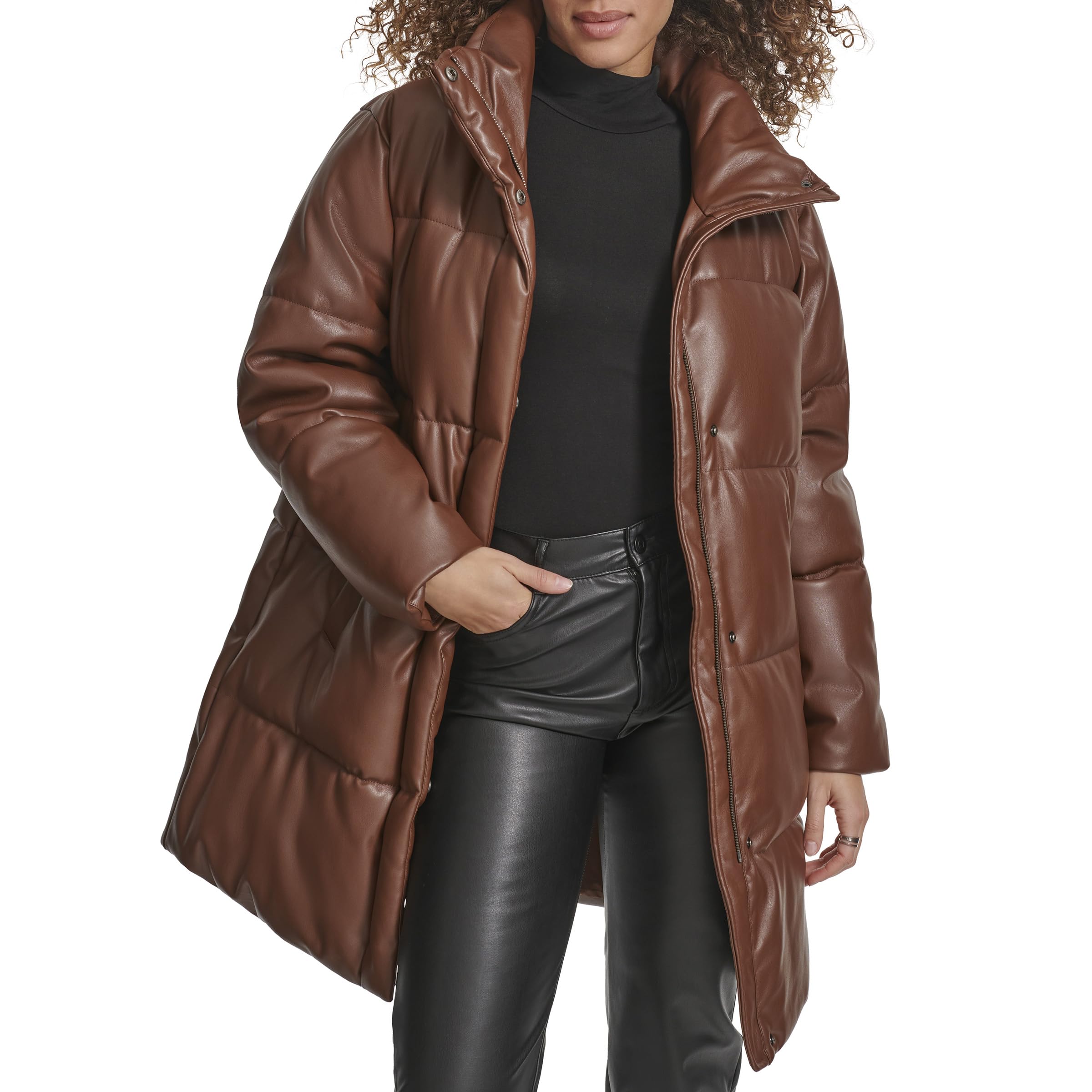 Levi's Women's Faux Leather Mid-length Puffer Coat, Dark Brown, Medium