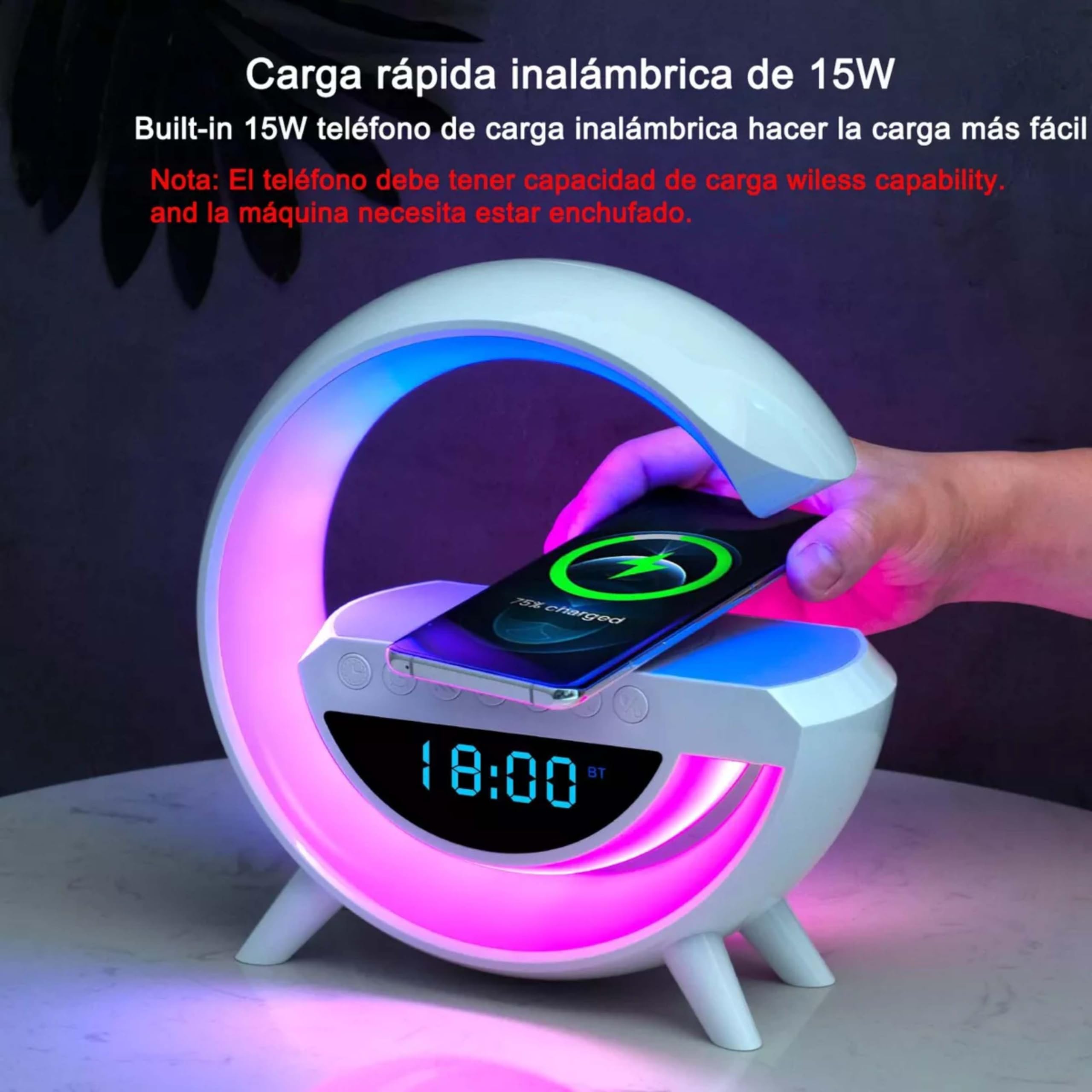 Altavoz Inteligente Sandalfon con Cargador Teléfono Inalámbrica, Bluetooth, Reloj Despertador con Luz, Lampara de Mesa LED Sincronización de Música 5 in 1, Dormitorio, Habitación, Oficina , Regalos