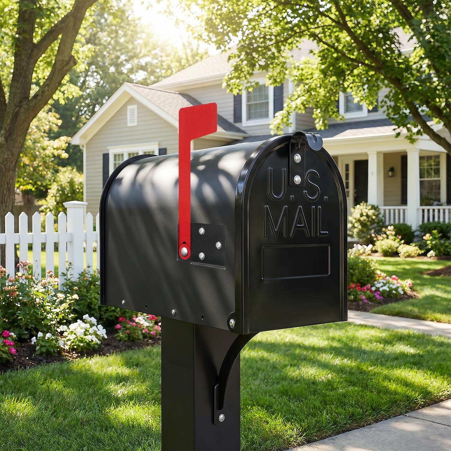 Mailbox Door Replacement 6 1/4" x 8 1/4" with Mailbox Flag – Black Steel Mailbox Door Front Panel, Weatherproof, Screw-in Replacement Kit for Brick or Curbside Mailboxes