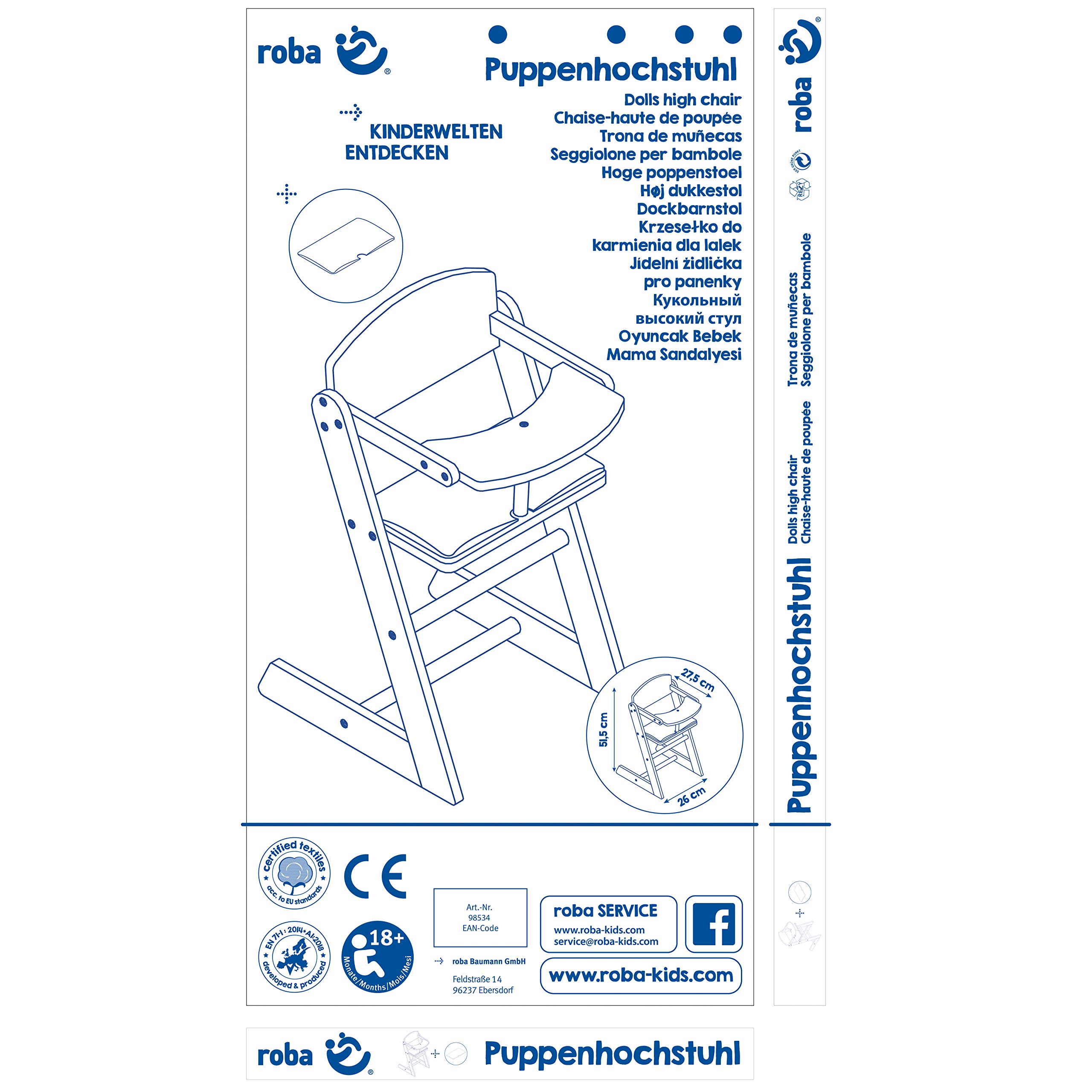 roba Seggiolone per Bambole "Stella", con Vassoio, Legno, Bianco