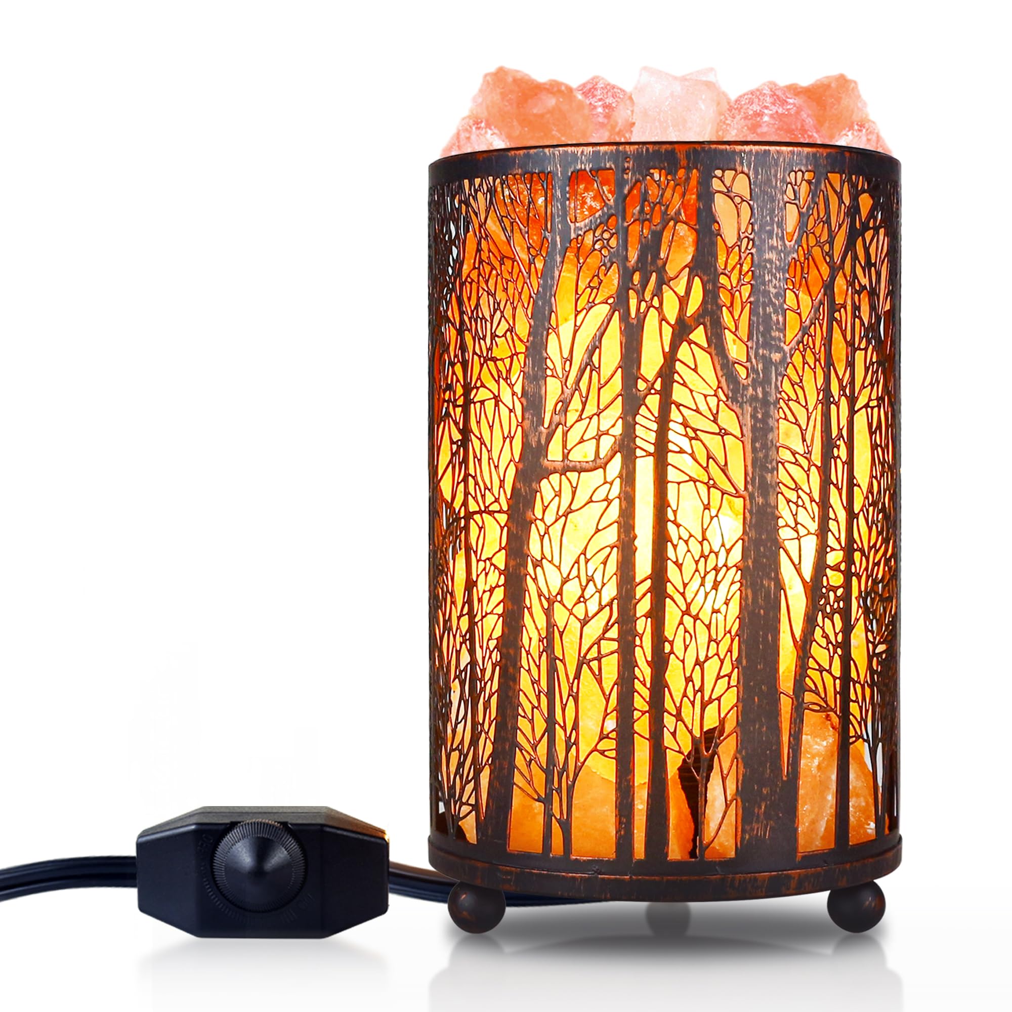 Shineled Salt Lamp, Himalayan Salt Lamp, Natural Salt Rock Desk Bedside Table Lamp Night Light in Forest Design Metal Basket with Dimmer Switch, Festival Decor
