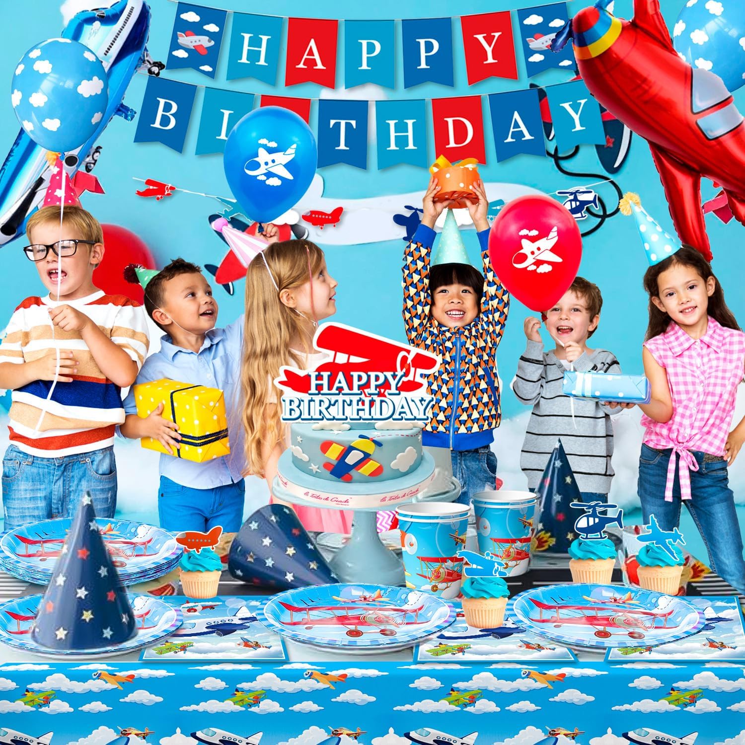 167pcs Airplane Birthday Party Decorations, 16 Guests Airplane Party Tableware Set, Airplane Plates Napkins Cups Table Cloth Balloons Backdrop etc Airplane Birthday Party Supplies