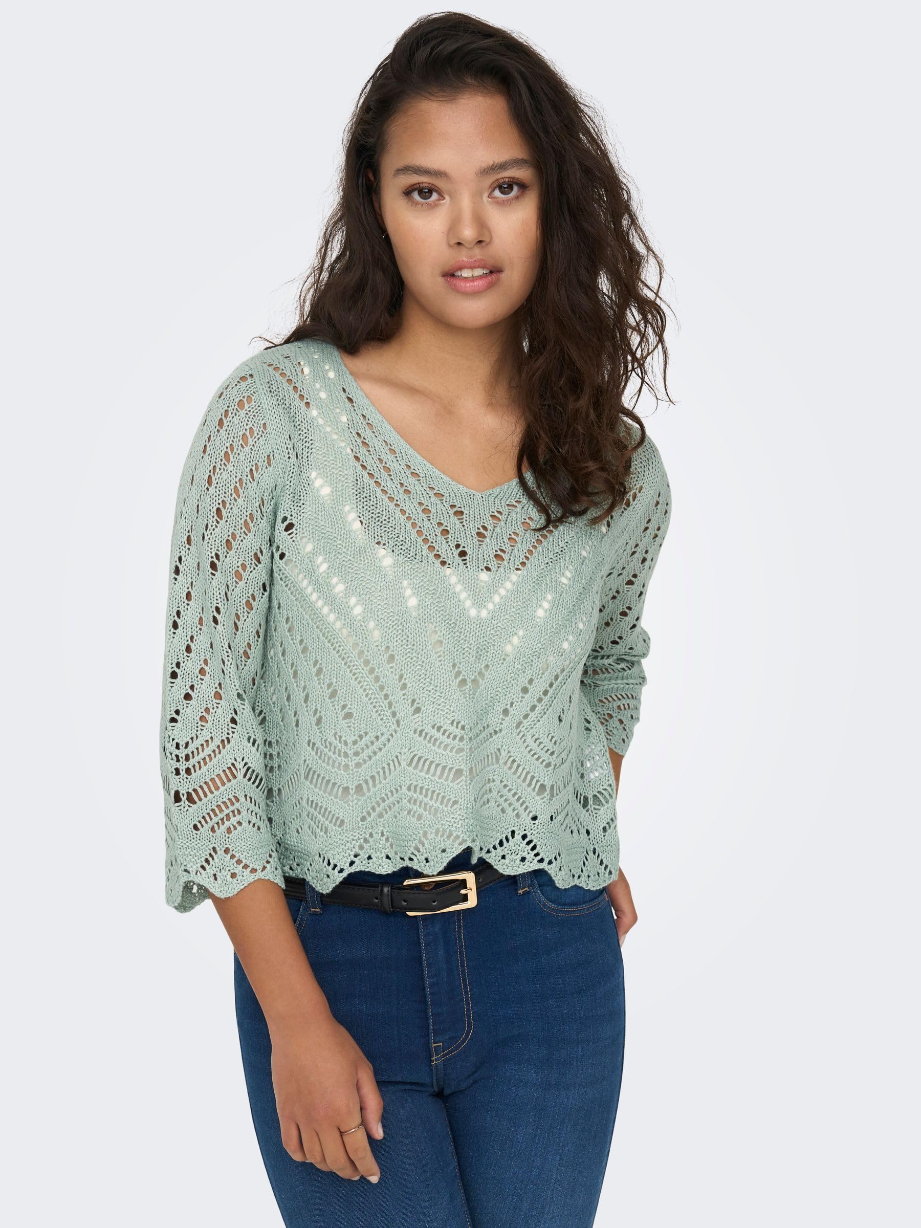 JDY Jdynew Sun 3/4 Cropped Pullover Knt Noos Camisa Crochet con Cuello en V Mujer (Pack de 1)