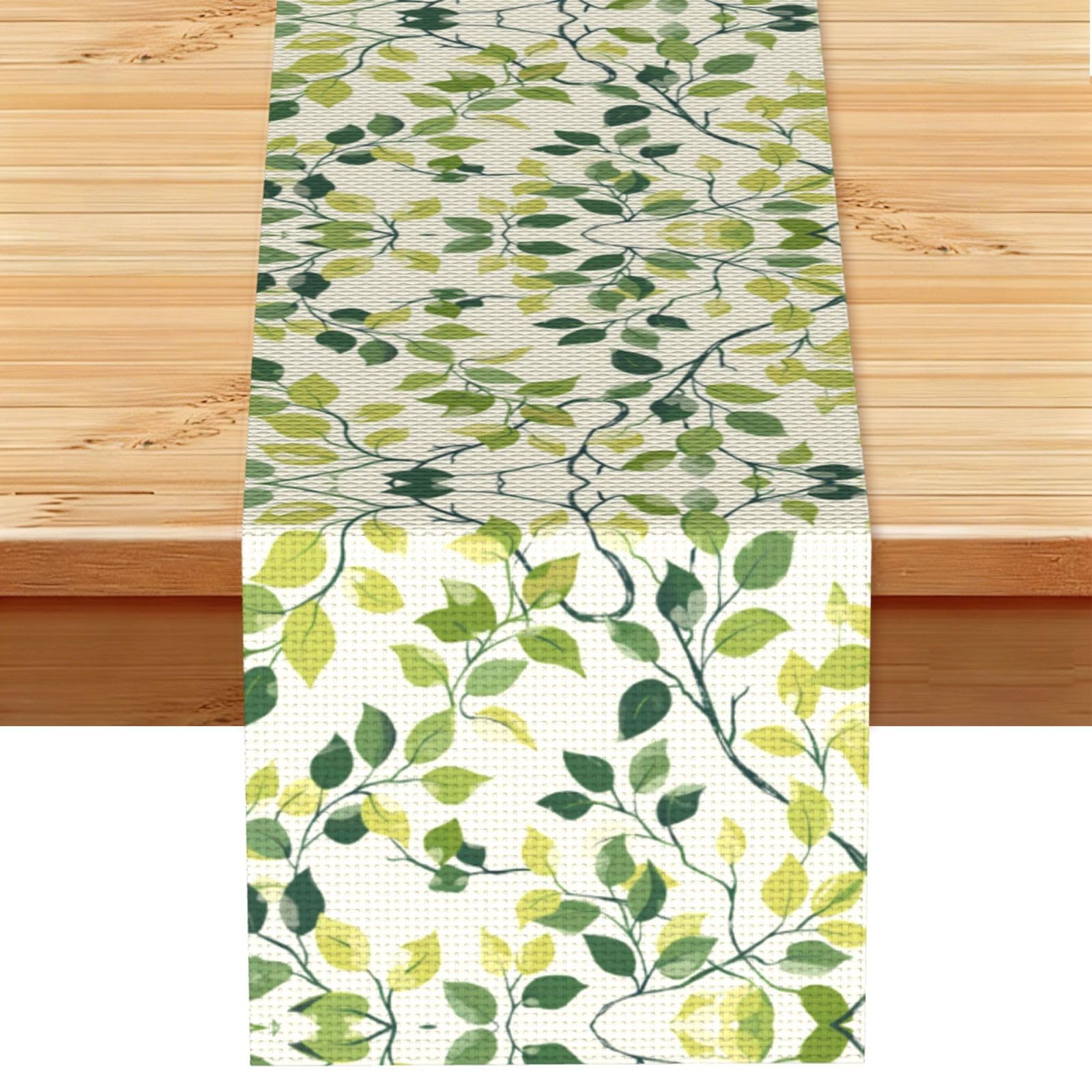 Fresh Green Leafy Branches Printed Table Runner 13 x 72, Wrinkle Resistant Decor for Dining Table Coffee Table Fireplace