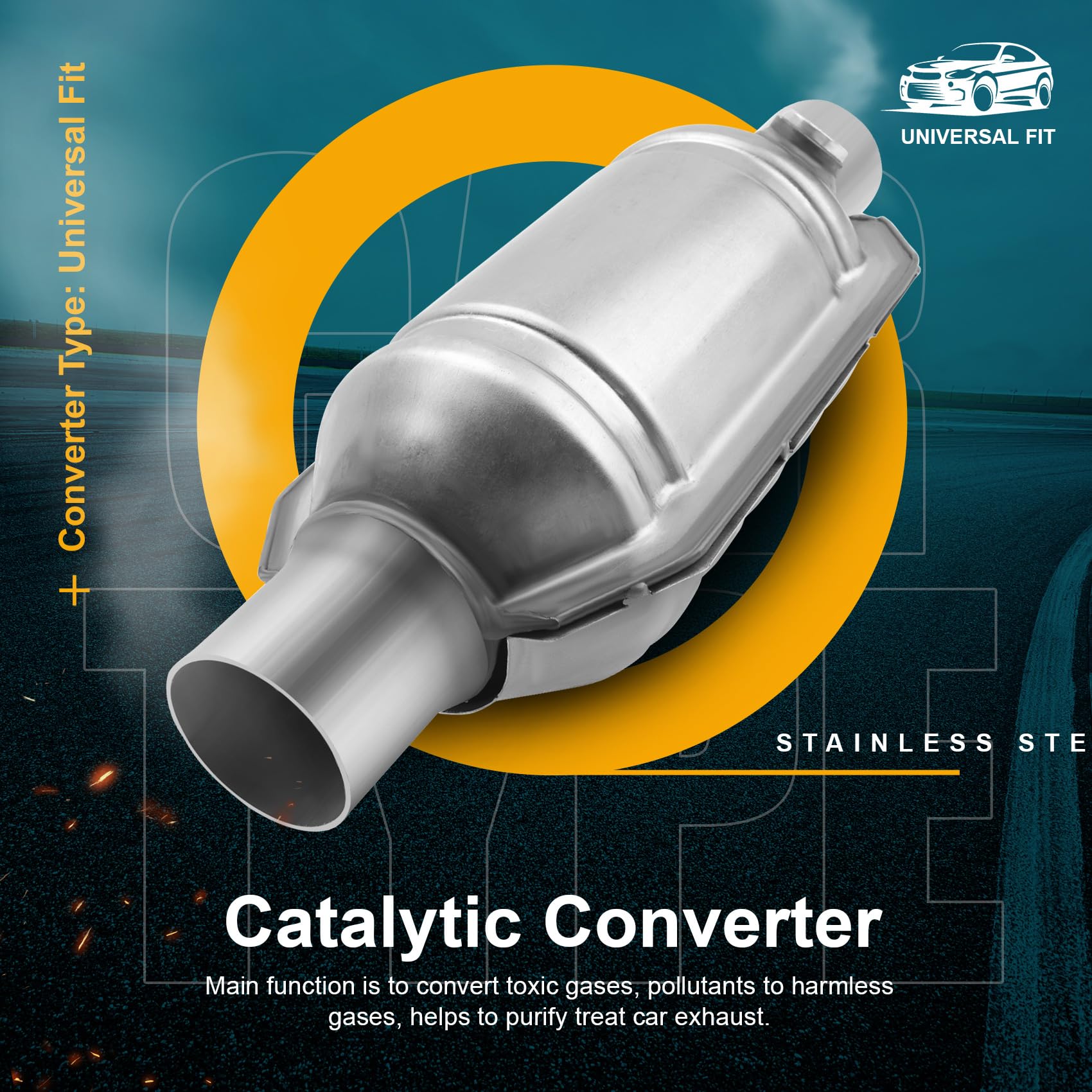 Catalyseur universel avec entrée/sortie, connecteur O2 et bouclier 53004, catalyseur de voiture en acier inoxydable