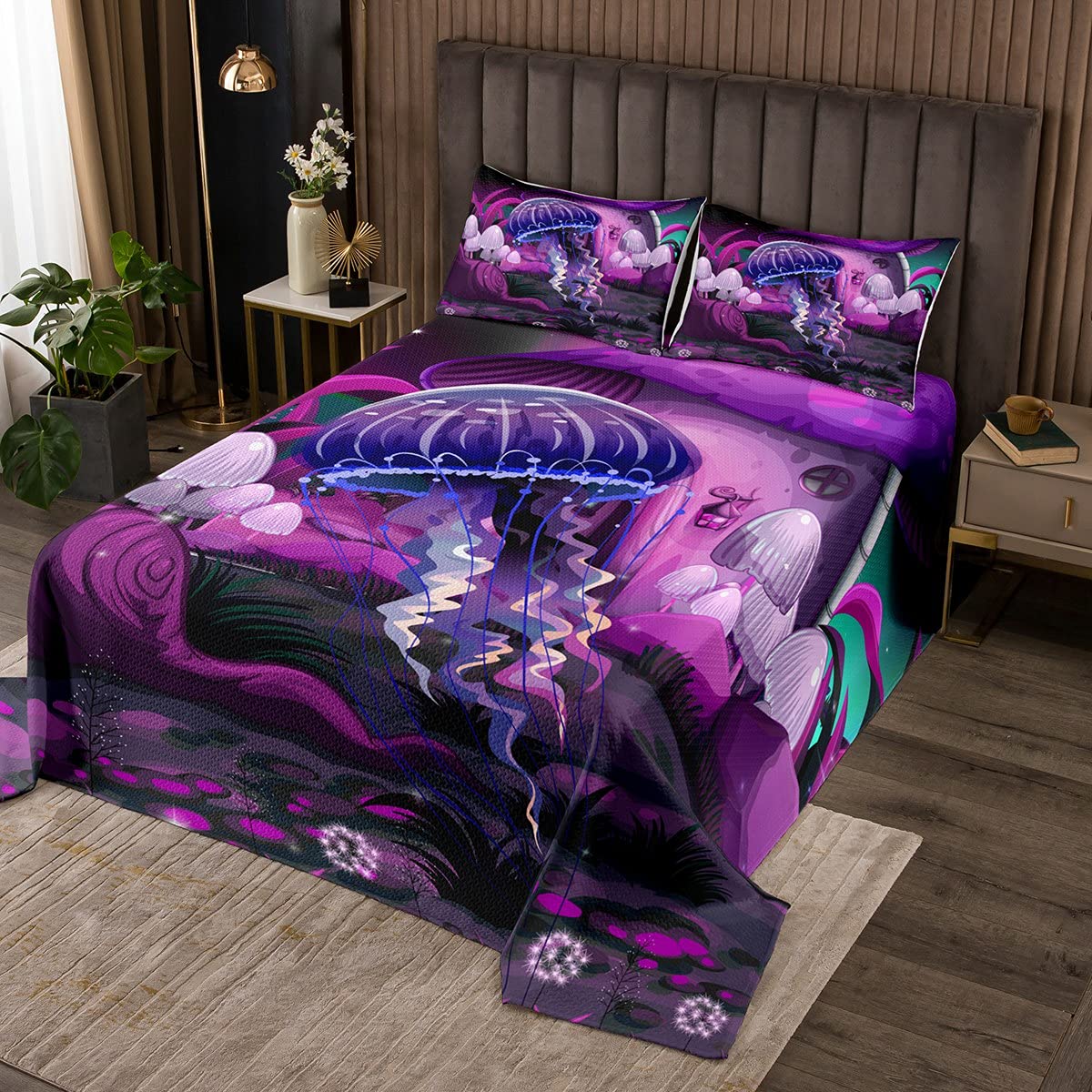 Narzuta z meduzy 170 x 210 cm, fioletowa, z grzybem, pikowana, morska kapa, zestaw 2 szt., dla dzieci, chłopców i dziewczynek, dekoracja pokoju, rośliny botaniczne, ponadwymiarowa pościel z 1 poszewką