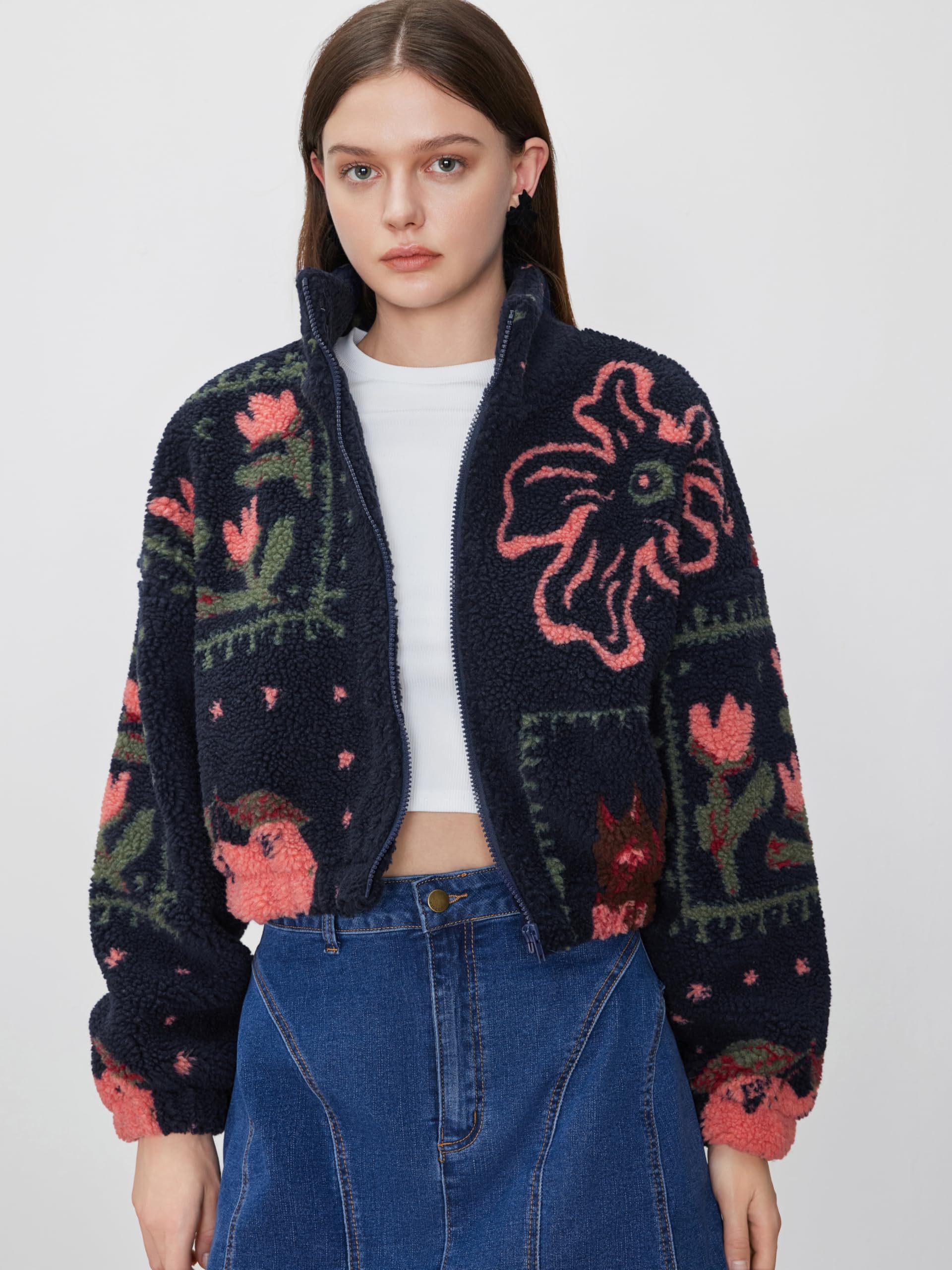 CIDER Sherpa-Jacke für Damen, Fleece-Jacke, Rollkragen, Blumenmuster, bauchfrei, Reißverschluss, Jacke für den Winter