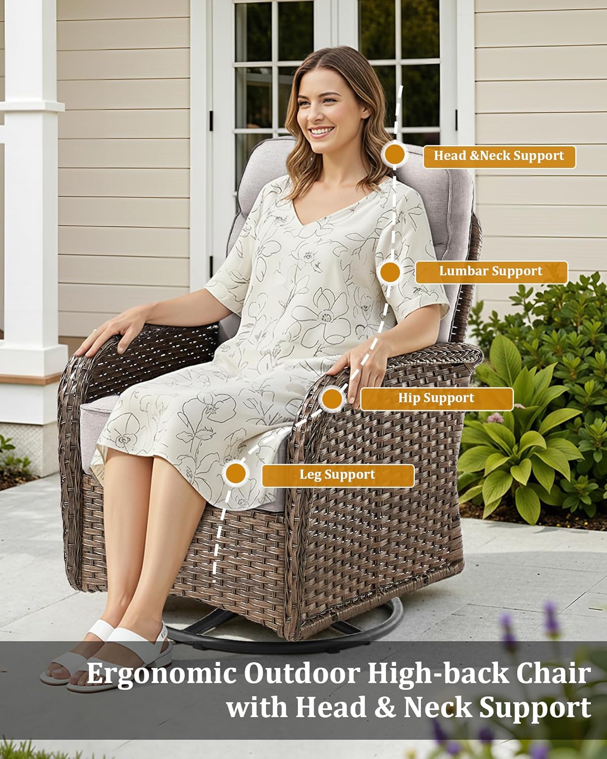 7-Piece Luxury Patio Furniture Set with 6-Inch Thick Cushions, High-Back Outdoor 4 Swivel Rocking Chairs with Wicker 42" Fire Pit, All-Weather Conversation Set for Porch, Deck, Yard or Poolside Beige