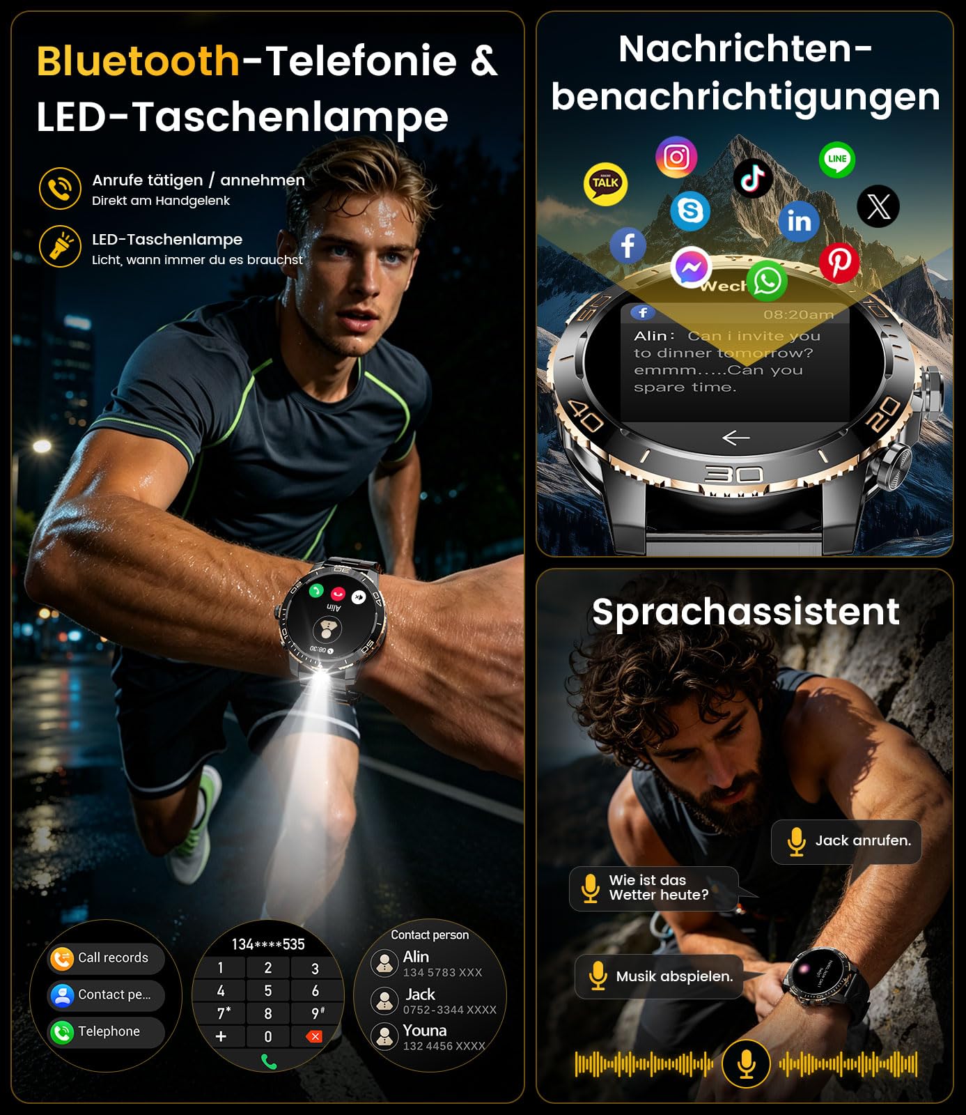 Reloj Inteligente Hombre Militar - 800mAh/Linterna LED, 1.43"AMOLED Smartwatch con llamadas Pulsómetro Sueño, IP68 Impermeable Pulsera Actividad con 200 Modos Deportivos para iOS Android, Negro