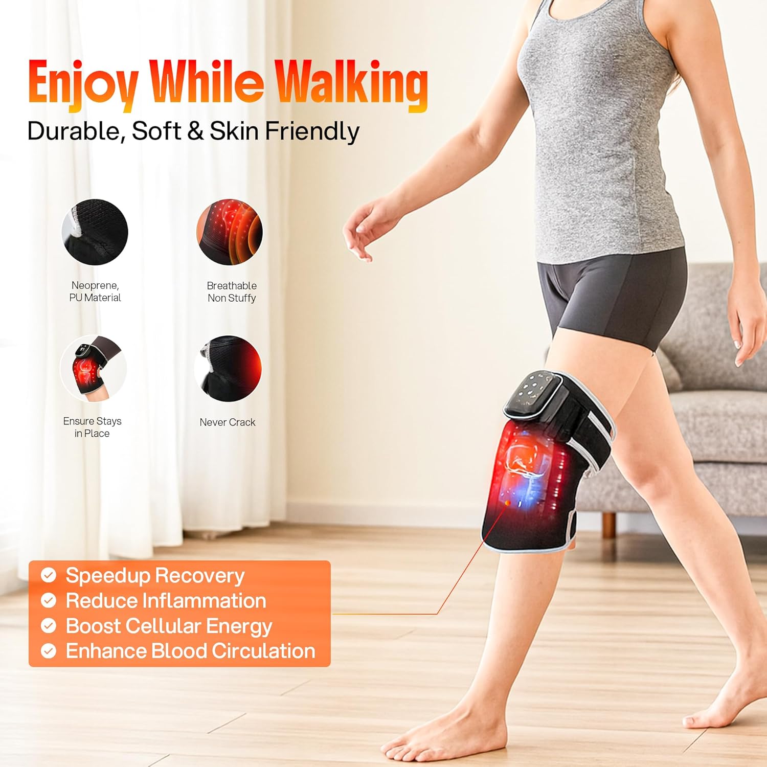 3-in-1 Cordless Heated Knee Massager with Vibration & Light Therapy – for Knee, Elbow & Shoulder Pain Relief, 6 Heat Levels, 3000mAh Battery, Adjustable Fit