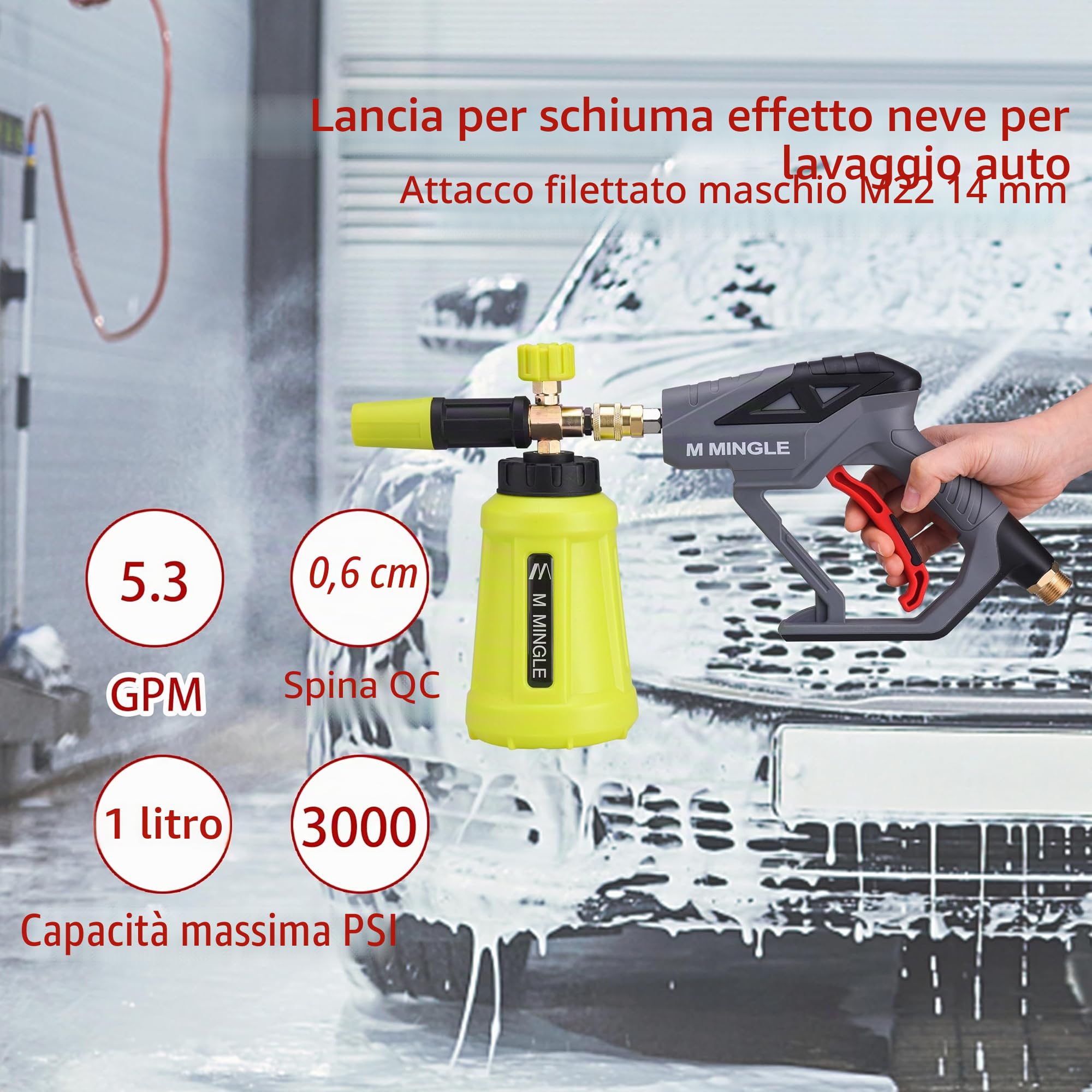 M MINGLE Pistola idropulitrice ad alta pressione, lancia schiuma da 4000 PSI Cannone Foam Blaster con connettore rapido da 1/4", kit di cannone in schiuma per lavaggio auto con 5 punte ugello