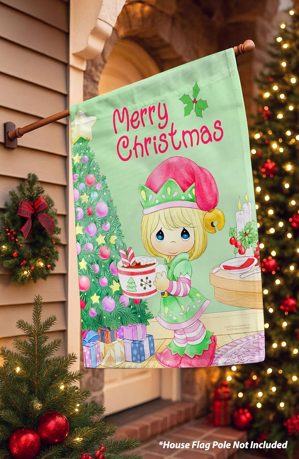 Flagology.com, Precious Moments Christmas Elf – House Flag 28" x 40", Outdoor Flag, Exclusive Premium Fabric, Licensed Precious Moments, Christmas