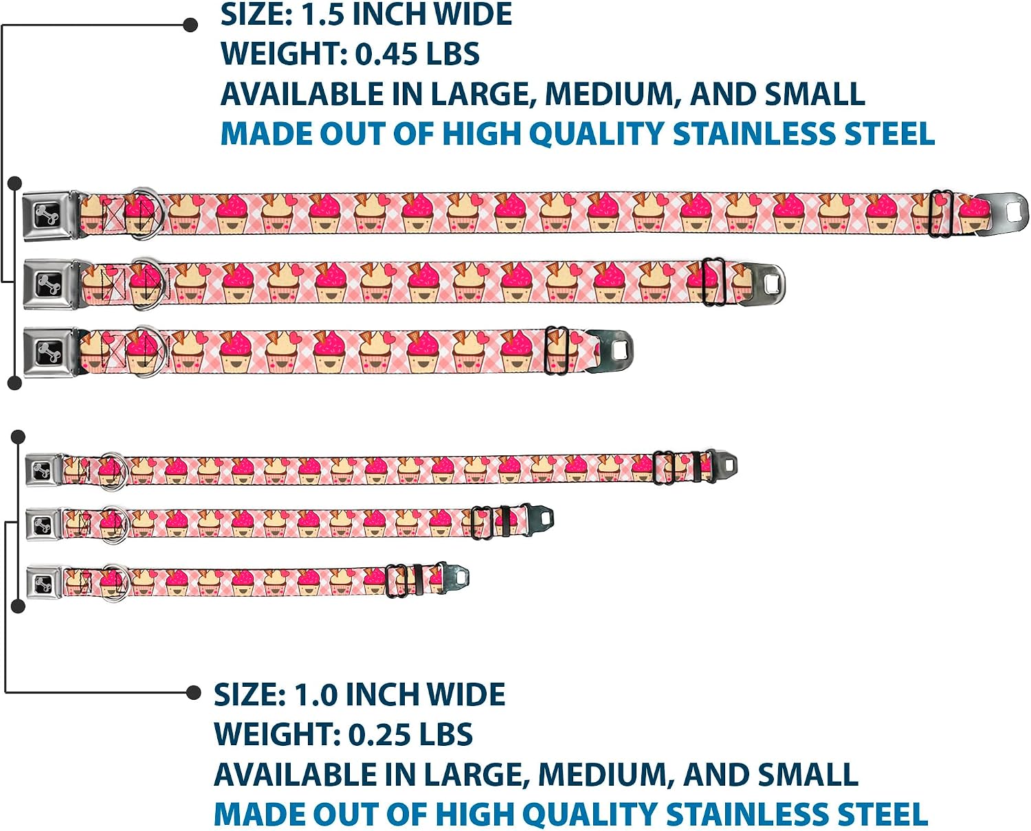 Buckle-Down Seatbelt Buckle Dog Collar - Happy Cupcakes Buffalo Plaid White/Pink - 1" Wide - Fits 11-17" Neck - Medium