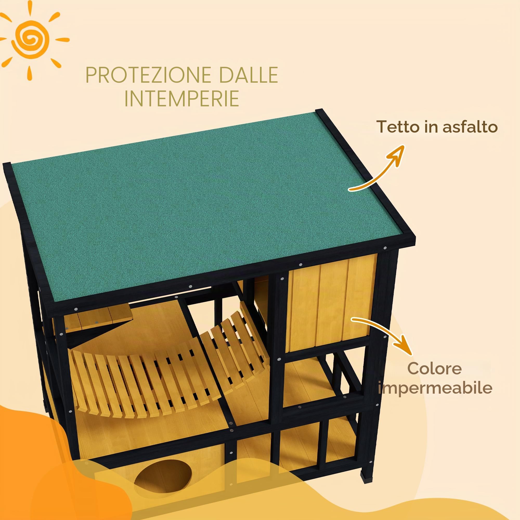 PawHut Casa in legno impermeabile per 1-2 gatti Giallo 84.5x60x88cm