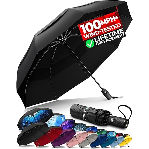 TUMELLA Strongest Windproof Travel Umbrella (Compact, 100MPH Wind-Tested), Light, Portable, One-Handed Use, Automatic Folding Rain Umbrella, Durable, Premium Grip, Fits Car & Backpack